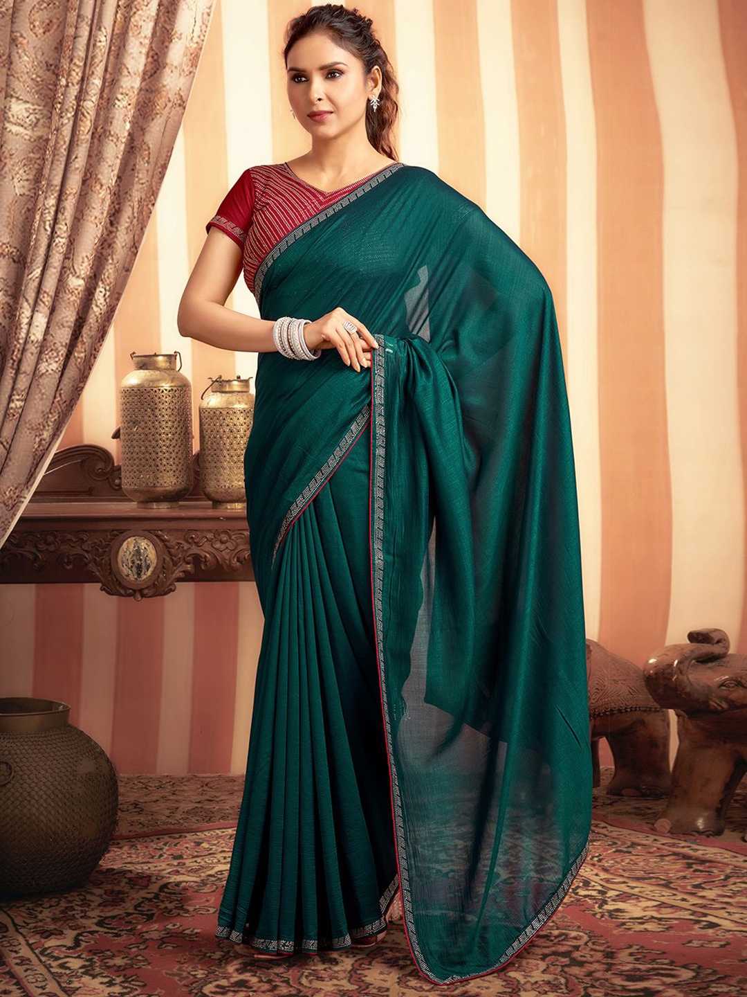 

all about you Embellished Beads and Stones Saree, Green