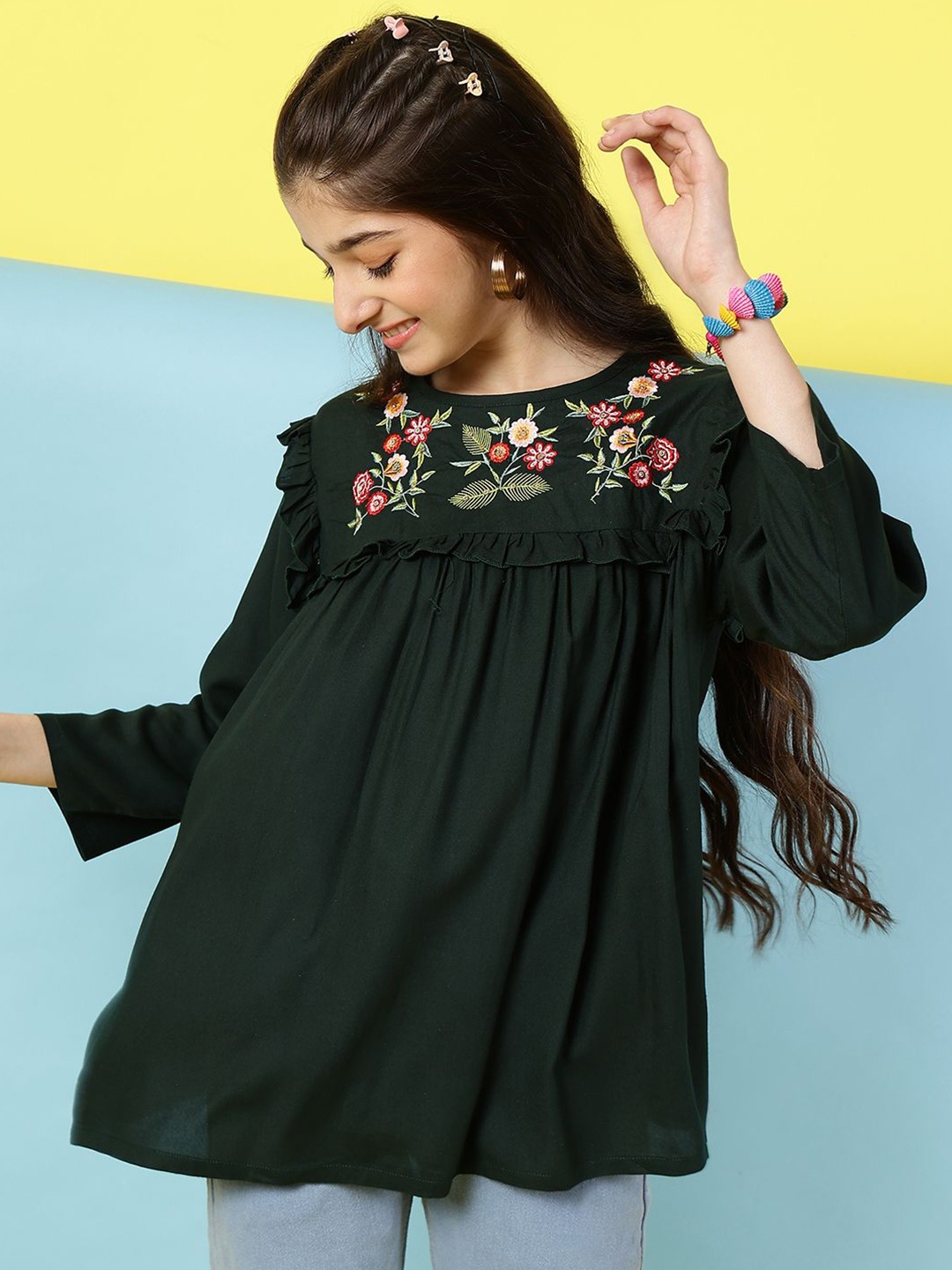 

Miss & Chief Girls Floral Embroidered Round Neck Top, Green