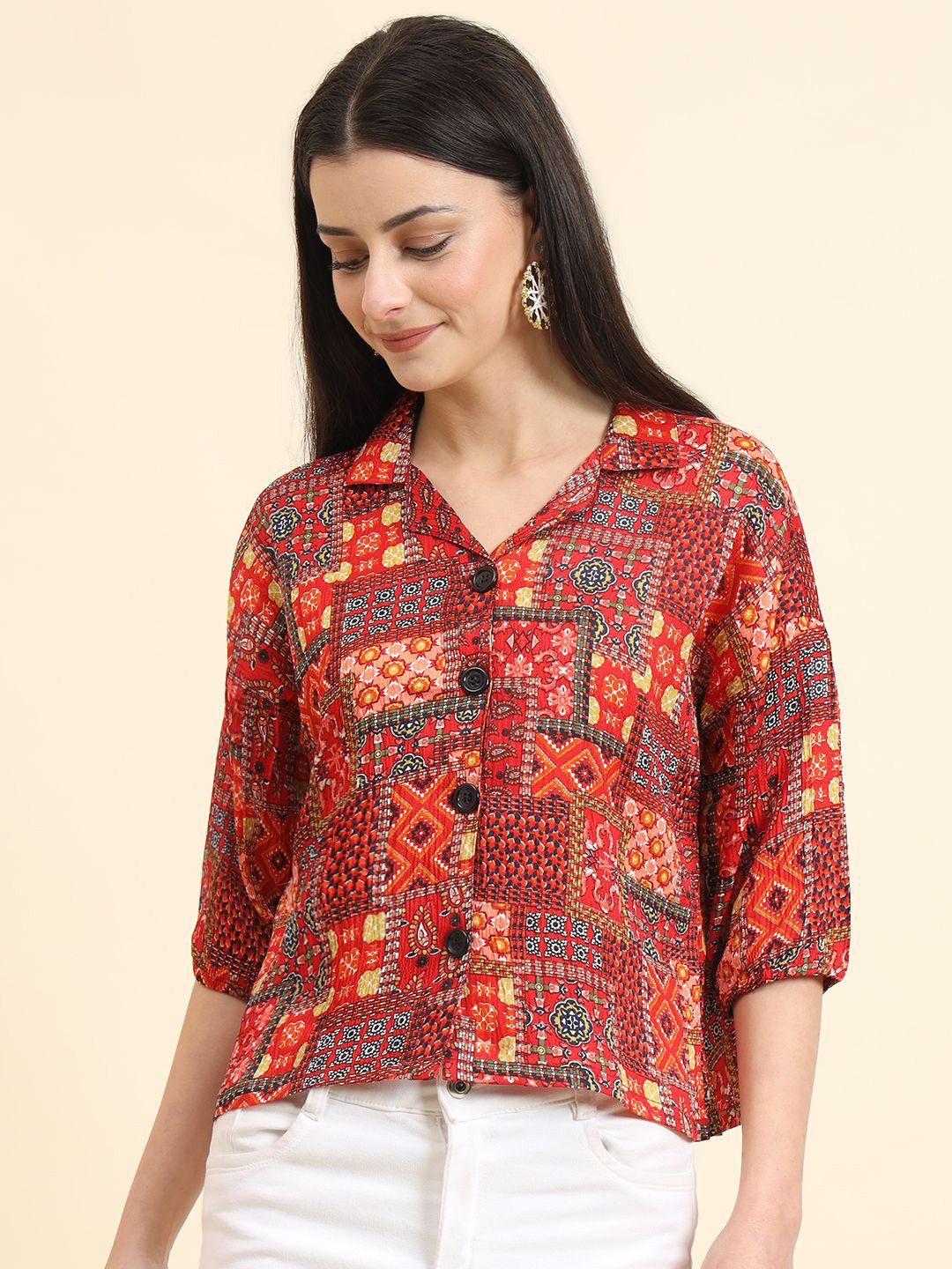 

DressBerry Women Classic Boxy Opaque Printed Casual Shirt, Red
