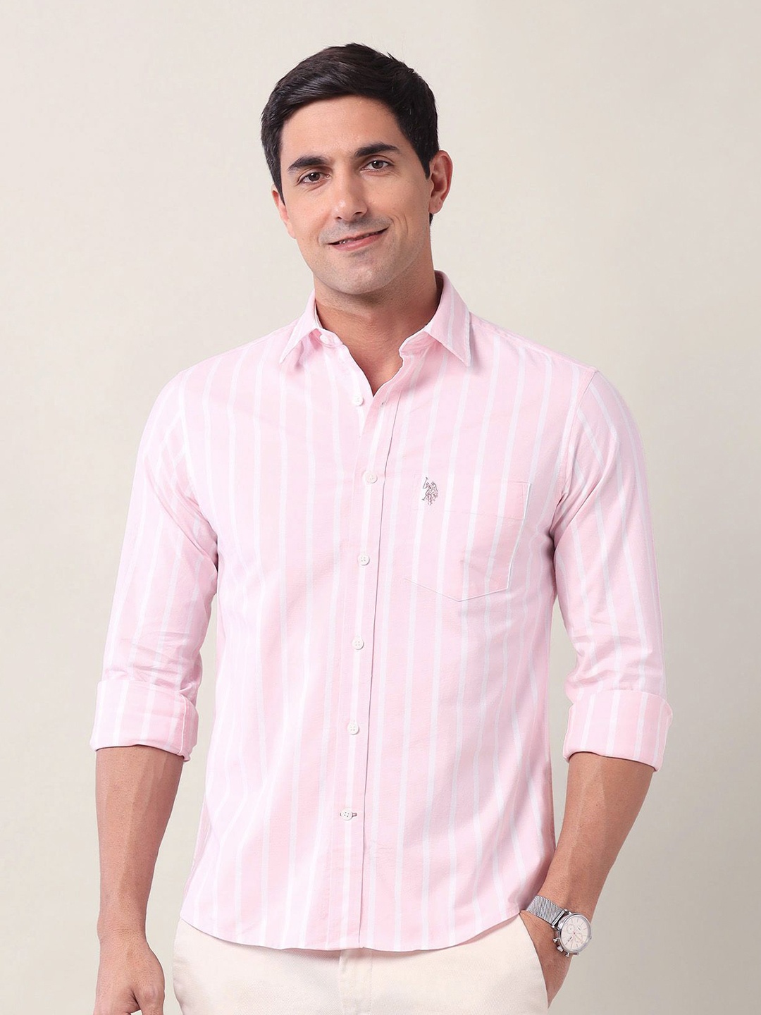 

U.S. Polo Assn. Men Tailored Fit Opaque Striped Casual Shirt, Pink