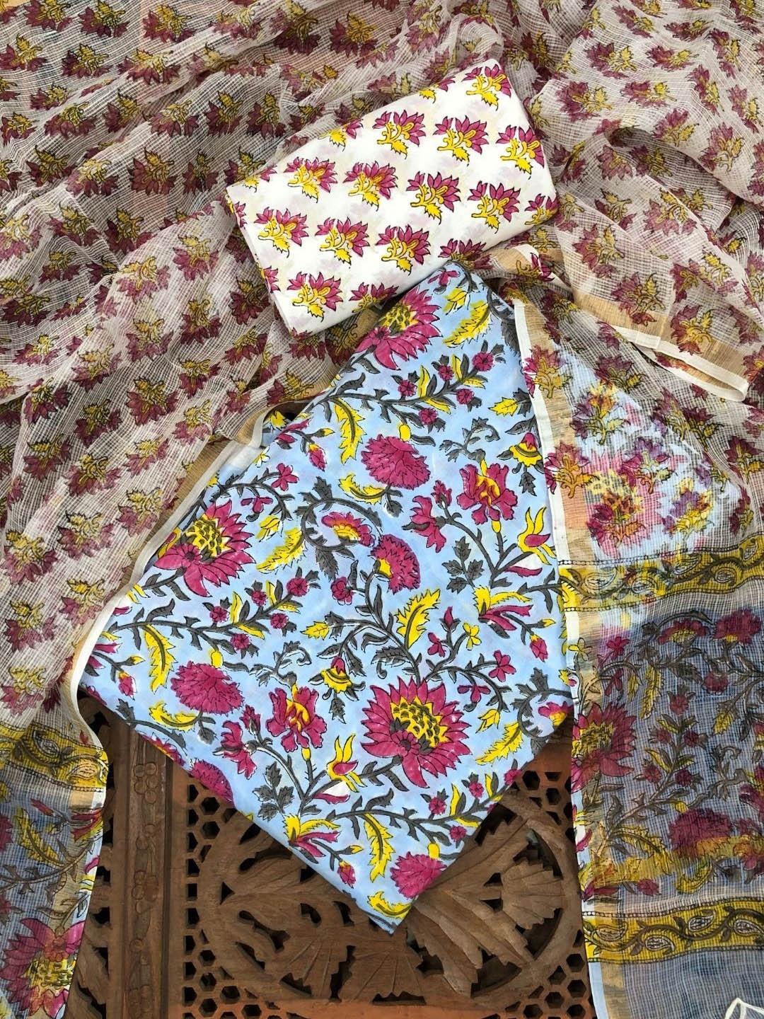 

PALASH Floral Block Printed Cotton Unstitched Dress Material, Blue