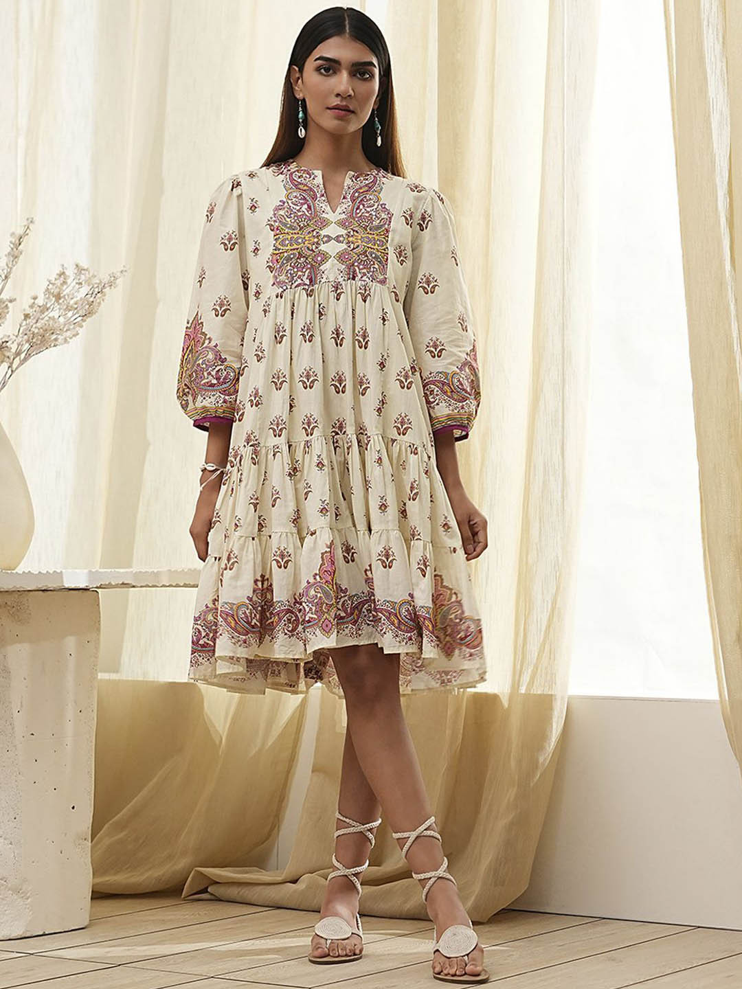 

Biba Floral Printed Mandarian Collar Pure Cotton Anarkali Ethnic Dress, Beige