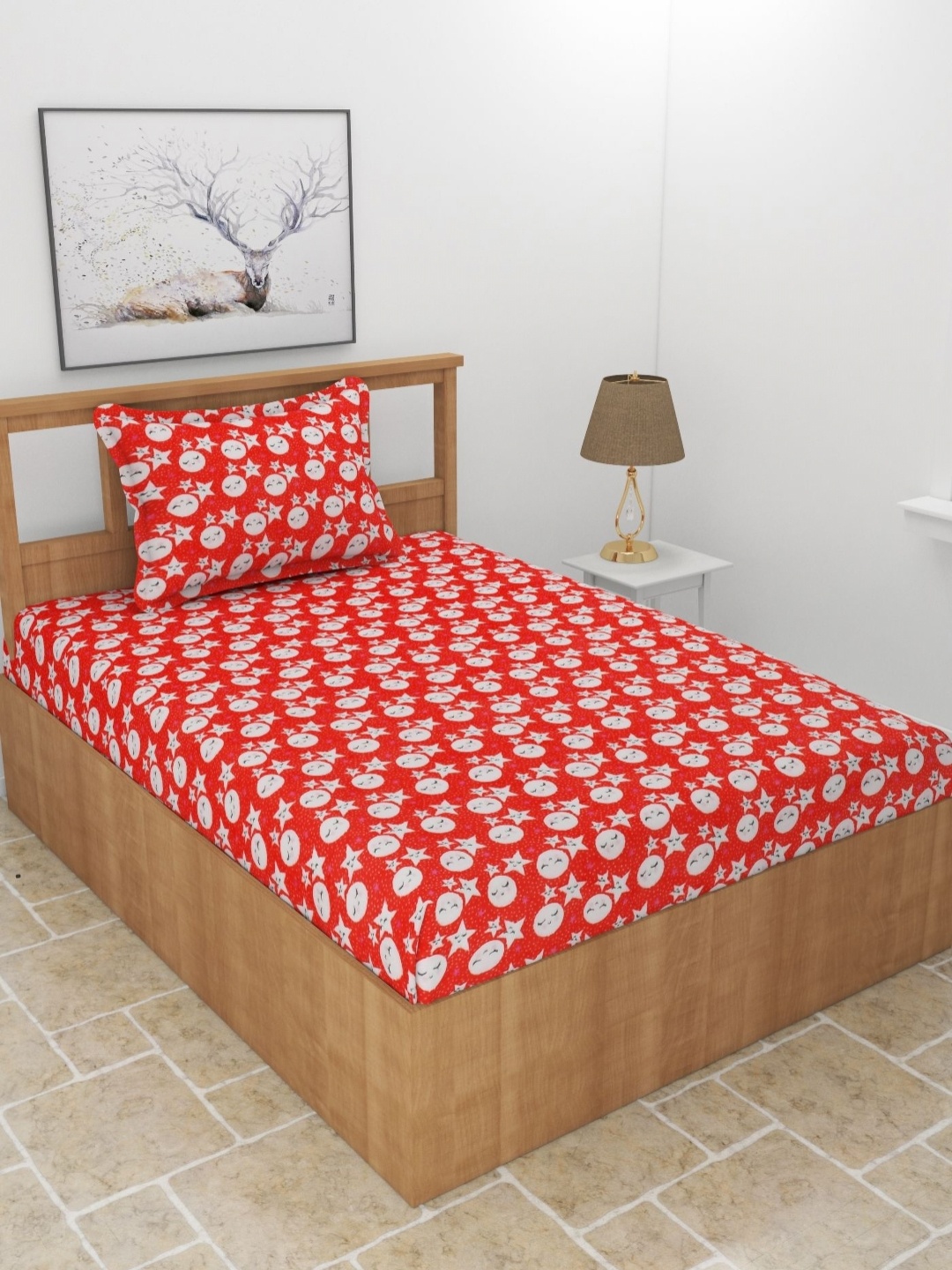 

BREVARD Red Conversational Printed Woolen 210 TC Single Bedsheet Set 2.28m x 1.52m