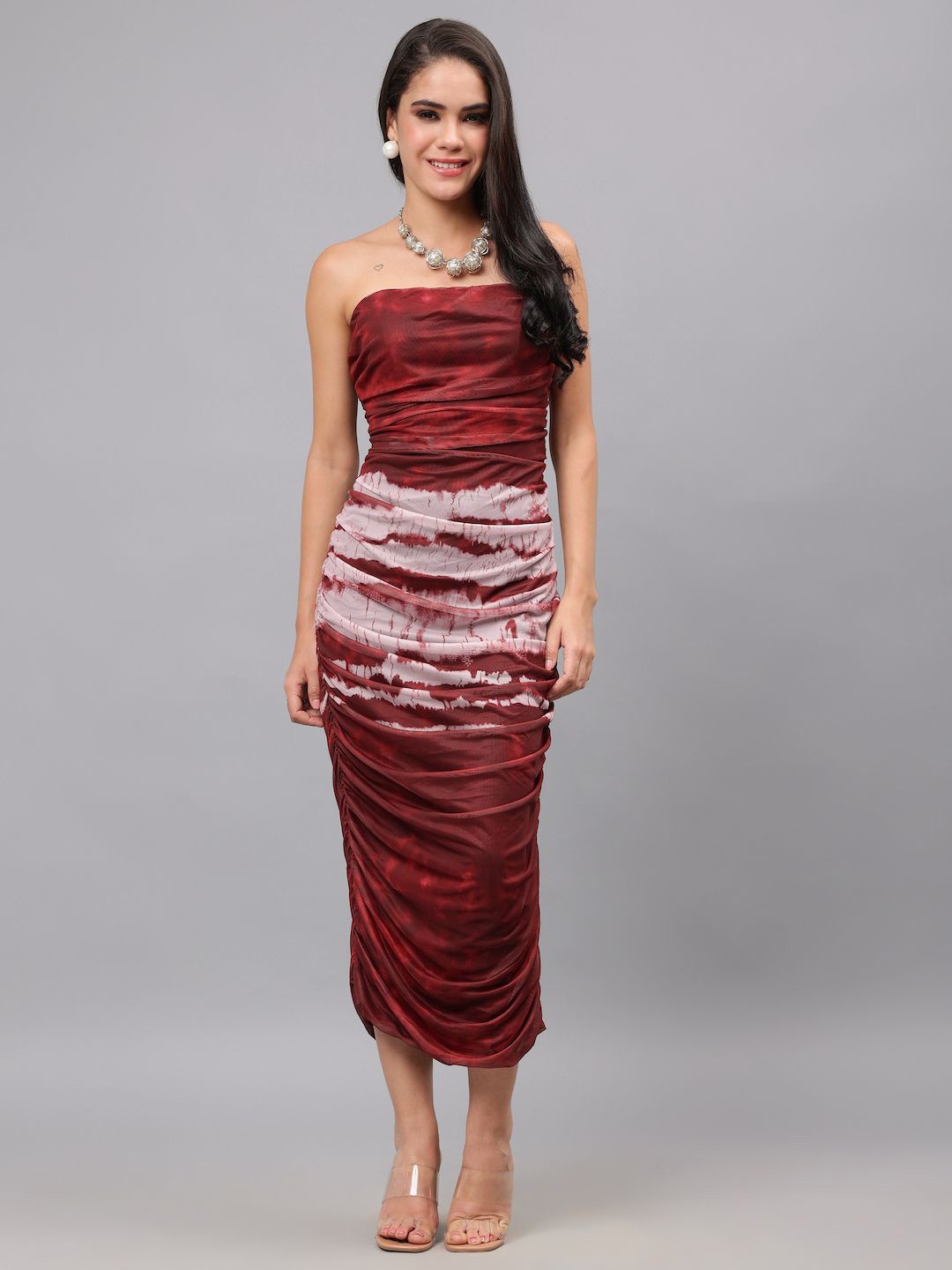 

ANNY Dyed Ruched Bodycon Midi Dress, Maroon