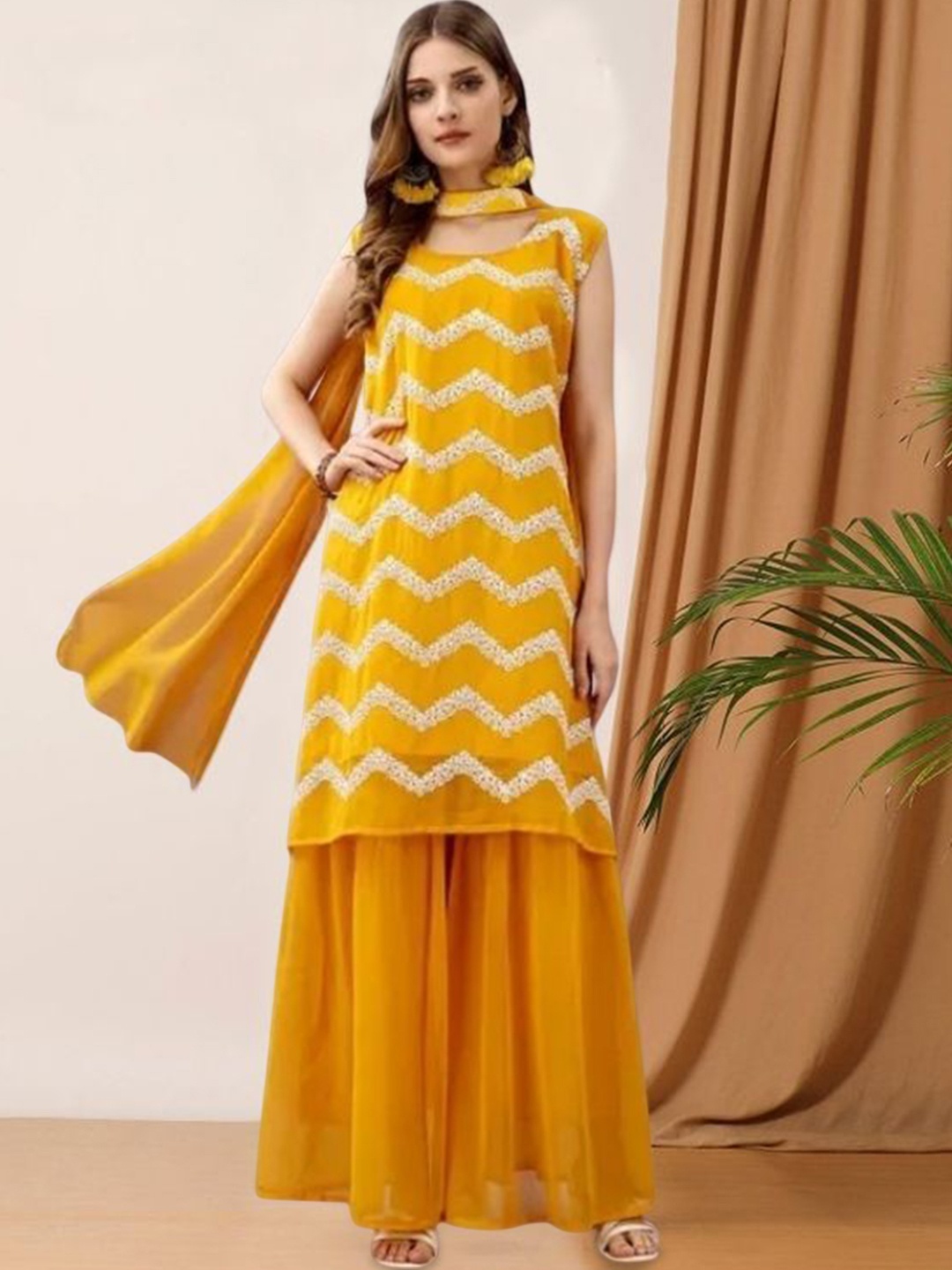 

PARROT CREATION Chevron Embroidered Sequinned Georgette Kurti With Sharara And Dupatta, Yellow