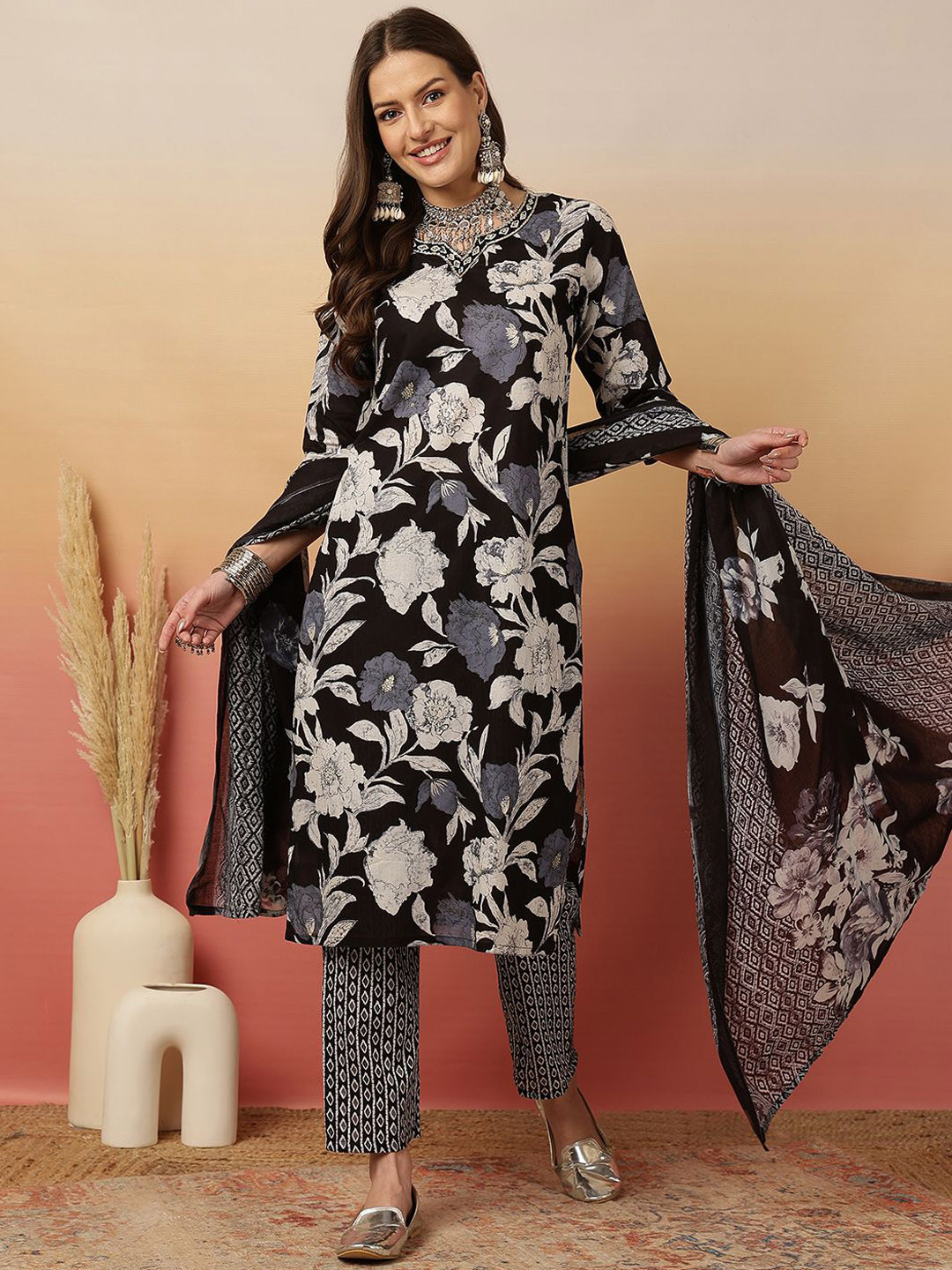 

Sangria Floral Printed Adda Work Cotton Kurta With Trouser & Dupatta, Black