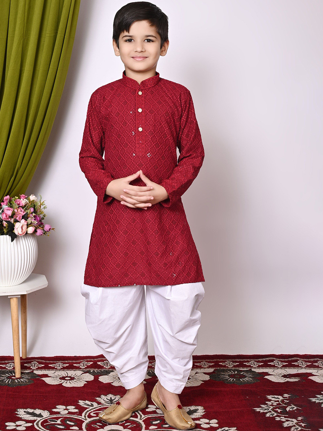

Cae Boys Geometric Embroidered Mandarin Collar Sequinned Straight Kurta With Patiala, Maroon