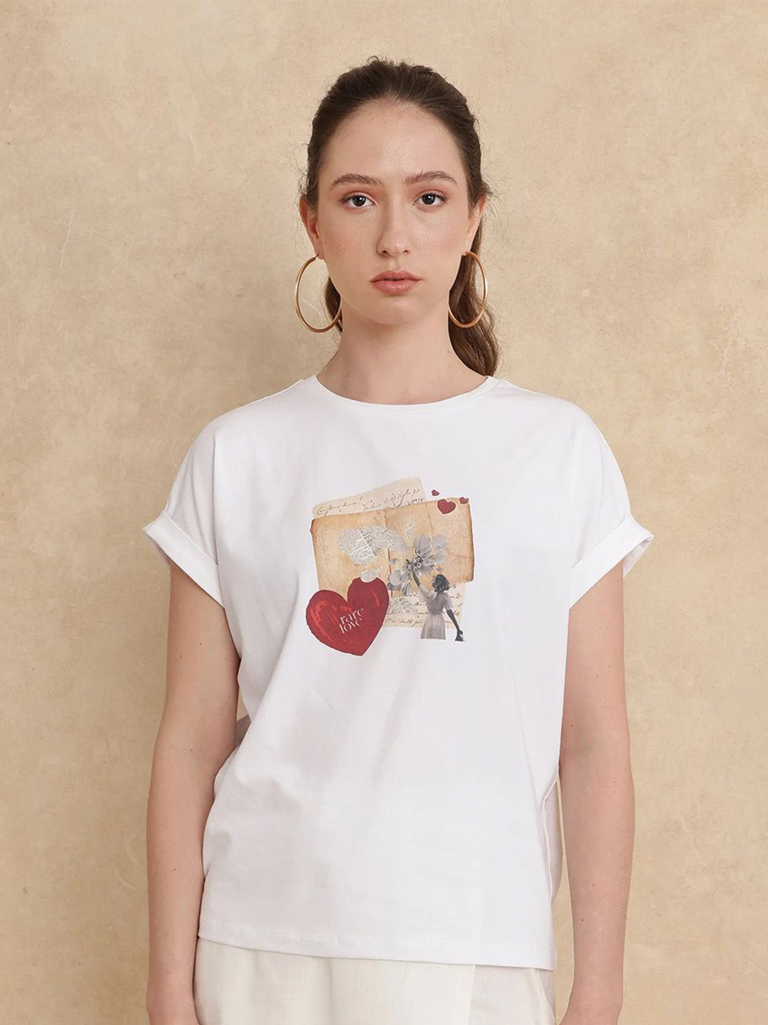 

RAREISM Women Graphic Printed Round Neck Cotton T-shirt, White
