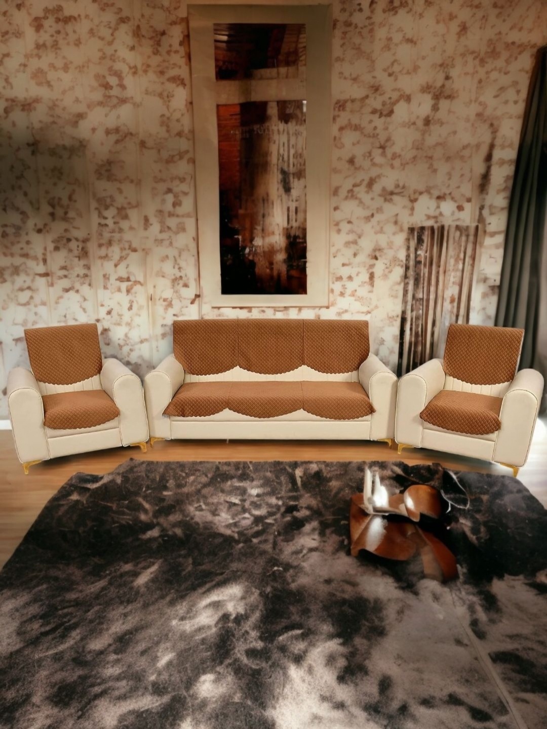 

BIGGER FISH Brown 6 Pieces 5 Seater Checked Velvet Sofa Cover