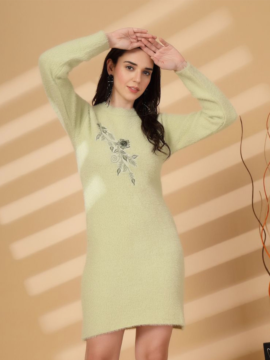 

all about you Floral Embroidered Woollen Dress, Green