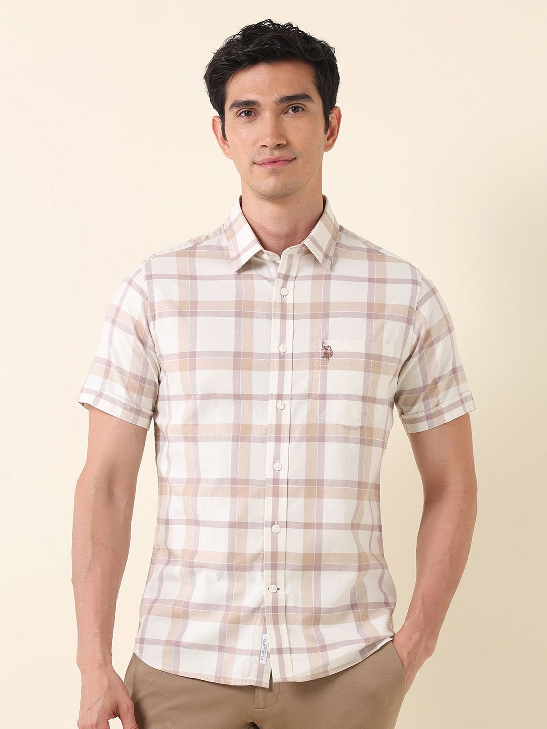 

U.S. Polo Assn. Men Classic Tailored Fit Opaque Checked Casual Shirt, Beige