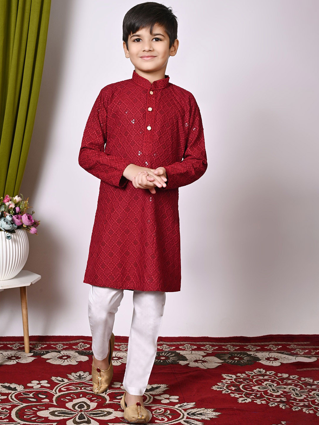 

Cae Boys Geometric Embroidered Sequinned Mandarin Collar Kurta With Pyjama, Maroon