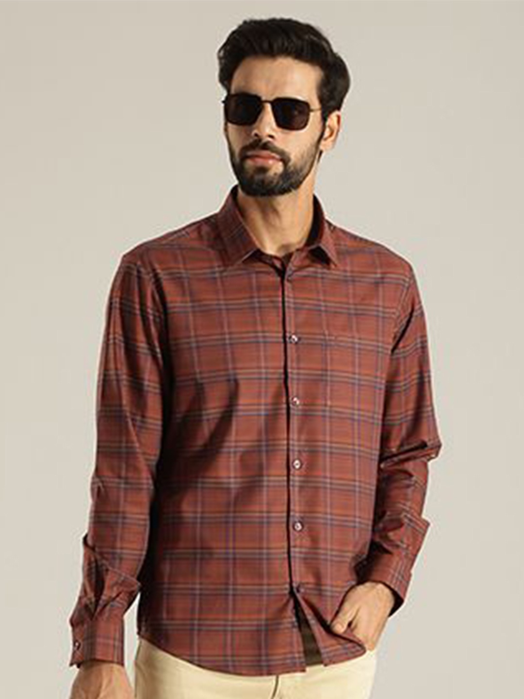 

Indian Terrain Men Slim Fit Tartan Checks Opaque Checked Casual Shirt, Red