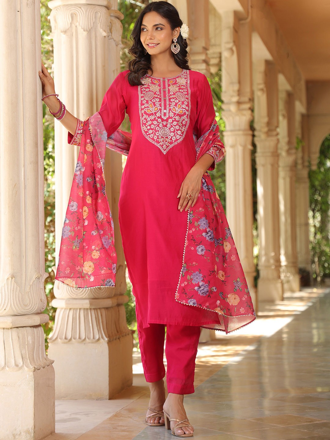 

KALINI Floral Embroidered Thread Work Chanderi Silk Straight Kurta With Trousers & Dupatta, Fuchsia