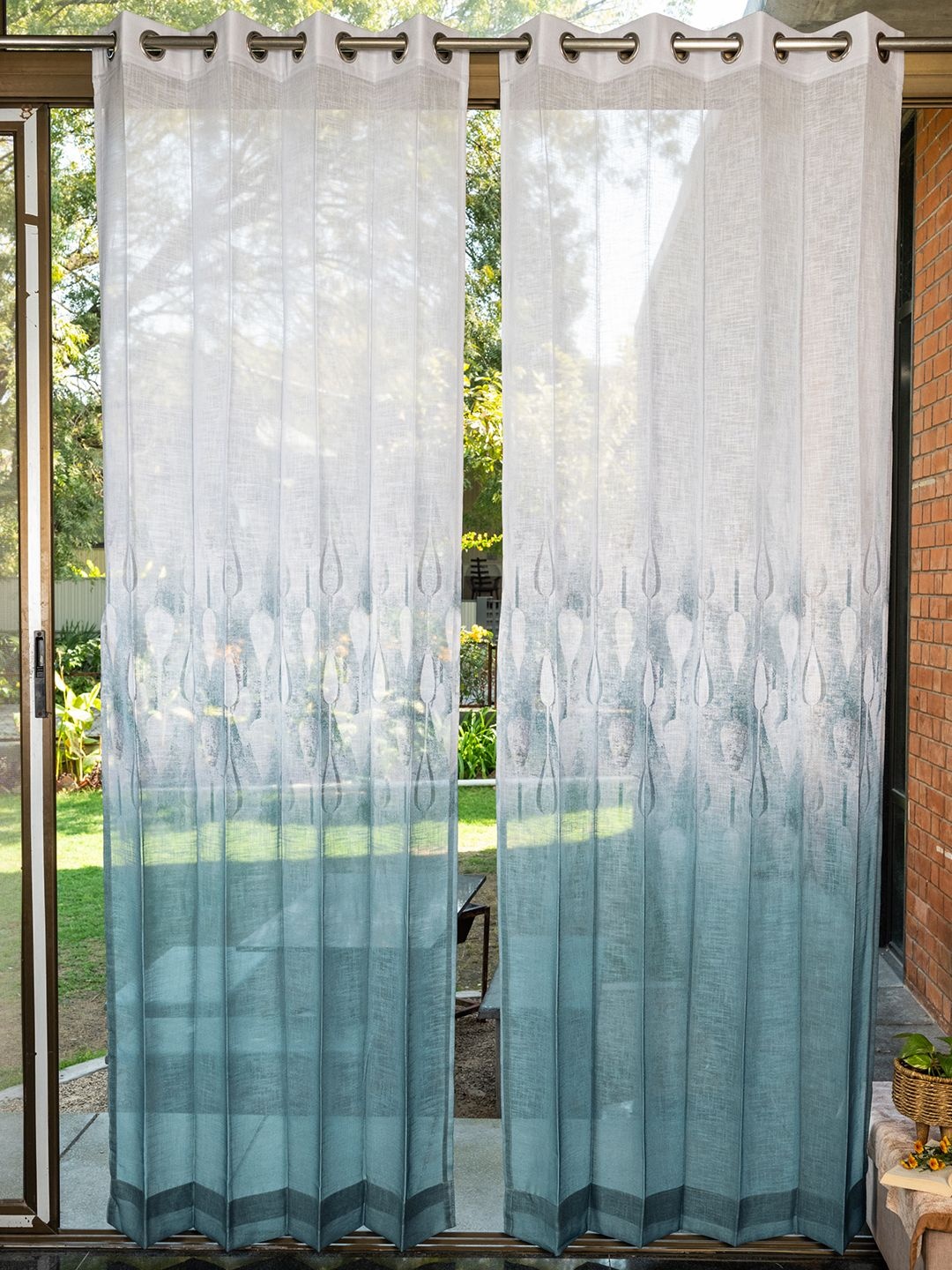 

URBAN SPACE White & Turquoise Blue Pack of 2 Printed Sheer Door Curtains