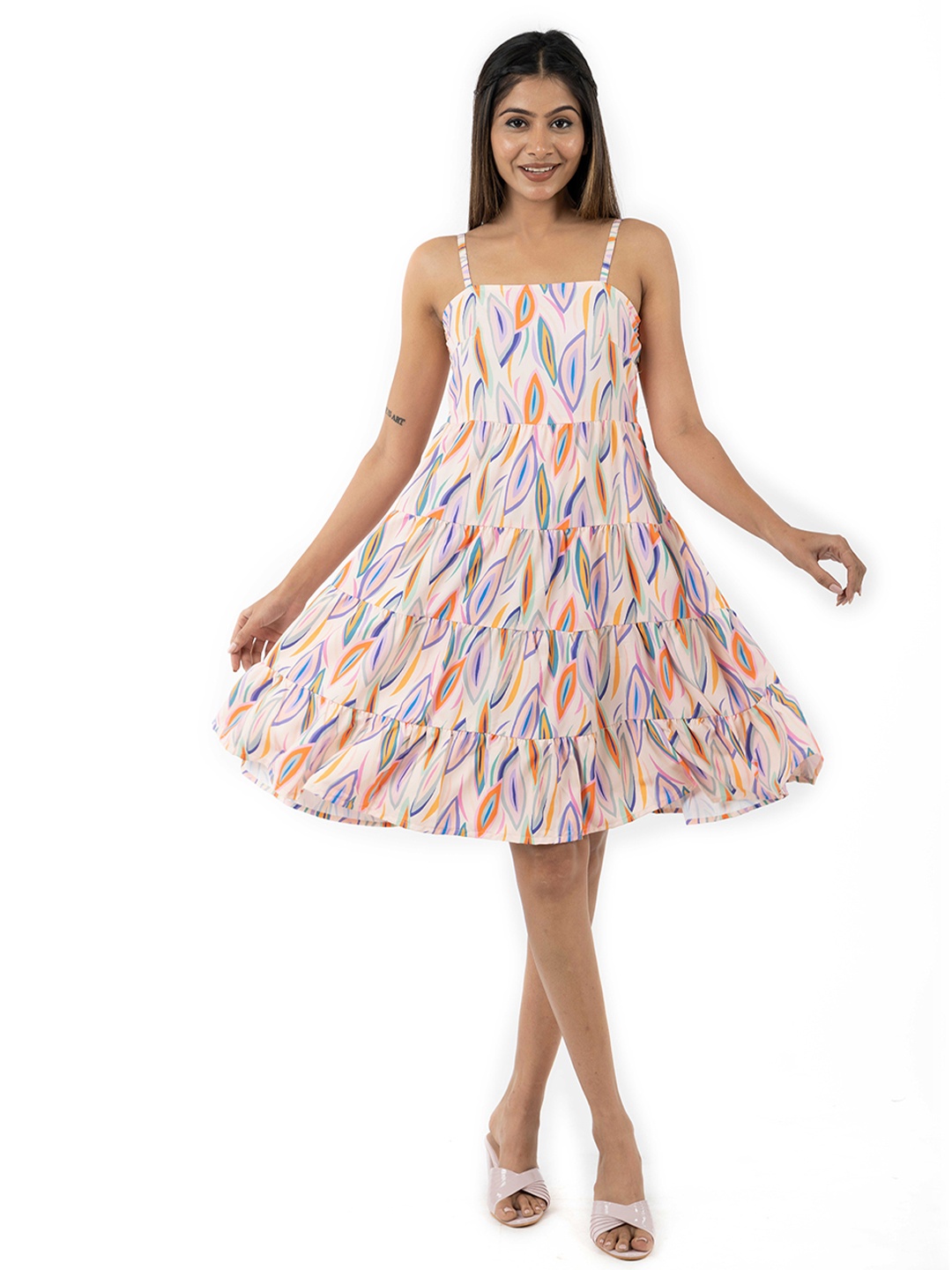 

KUNDAN FAB Printed Tiered Cotton Fit & Flare Dress, White