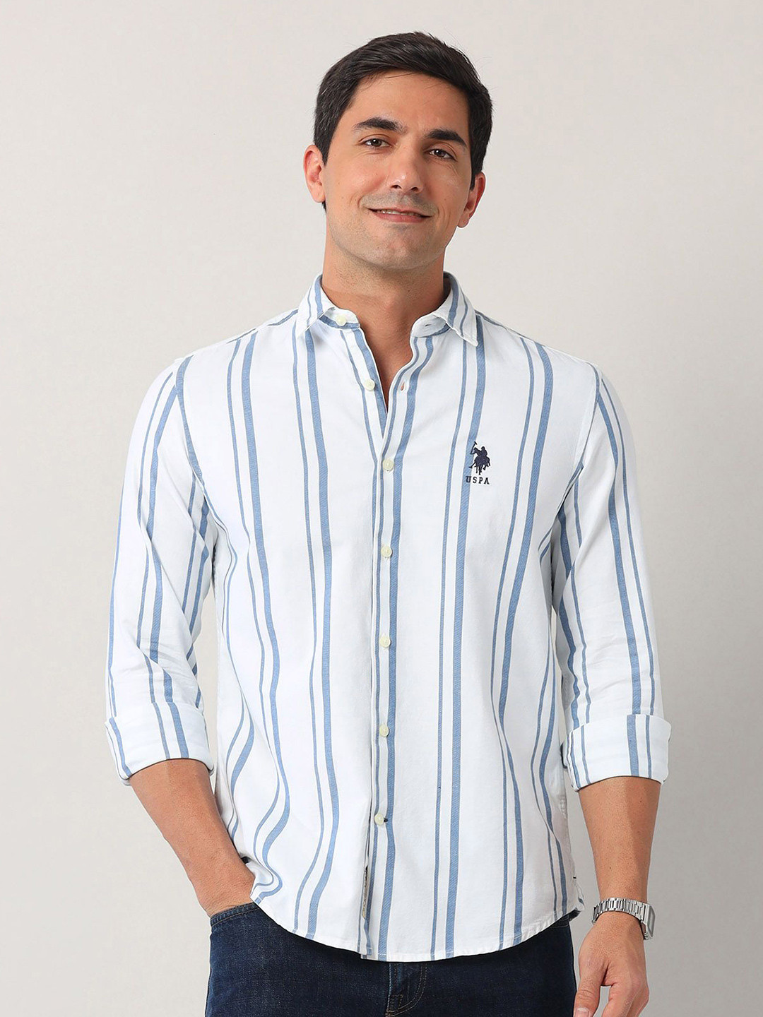 

U.S. Polo Assn. Denim Co. Men Classic Opaque Striped Casual Shirt, Blue