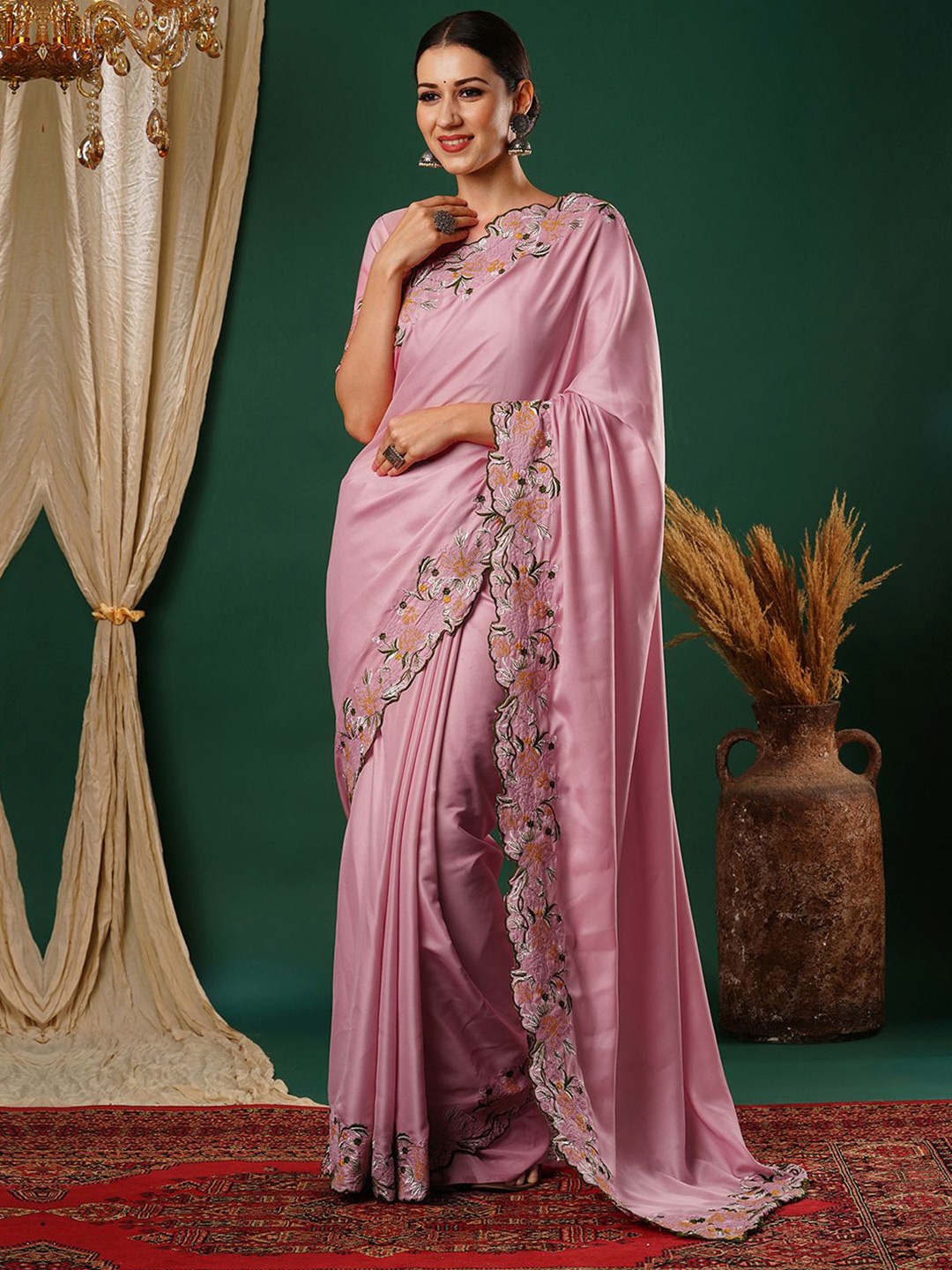 

all about you Ethnic Motifs Embroidered Satin Saree, Rose
