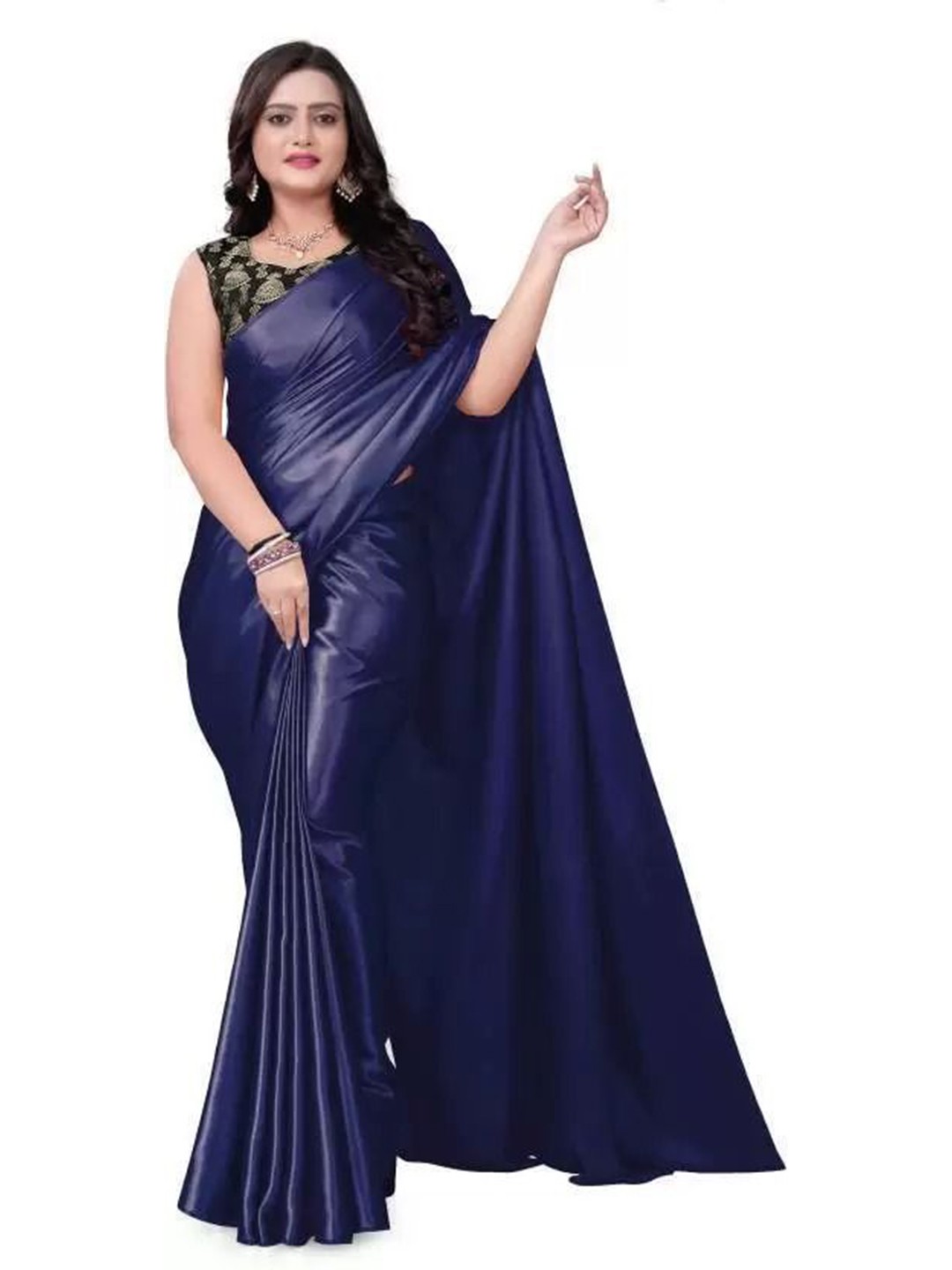 

SAADHVI Solid Satin Saree with Blouse Piece, Navy blue