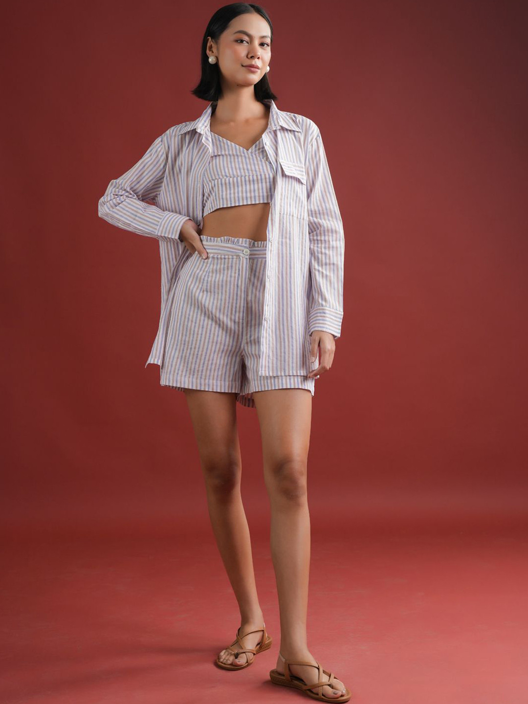

SANSKRUTIHOMES Striped Top & Shorts With Coat Co-Ords, White