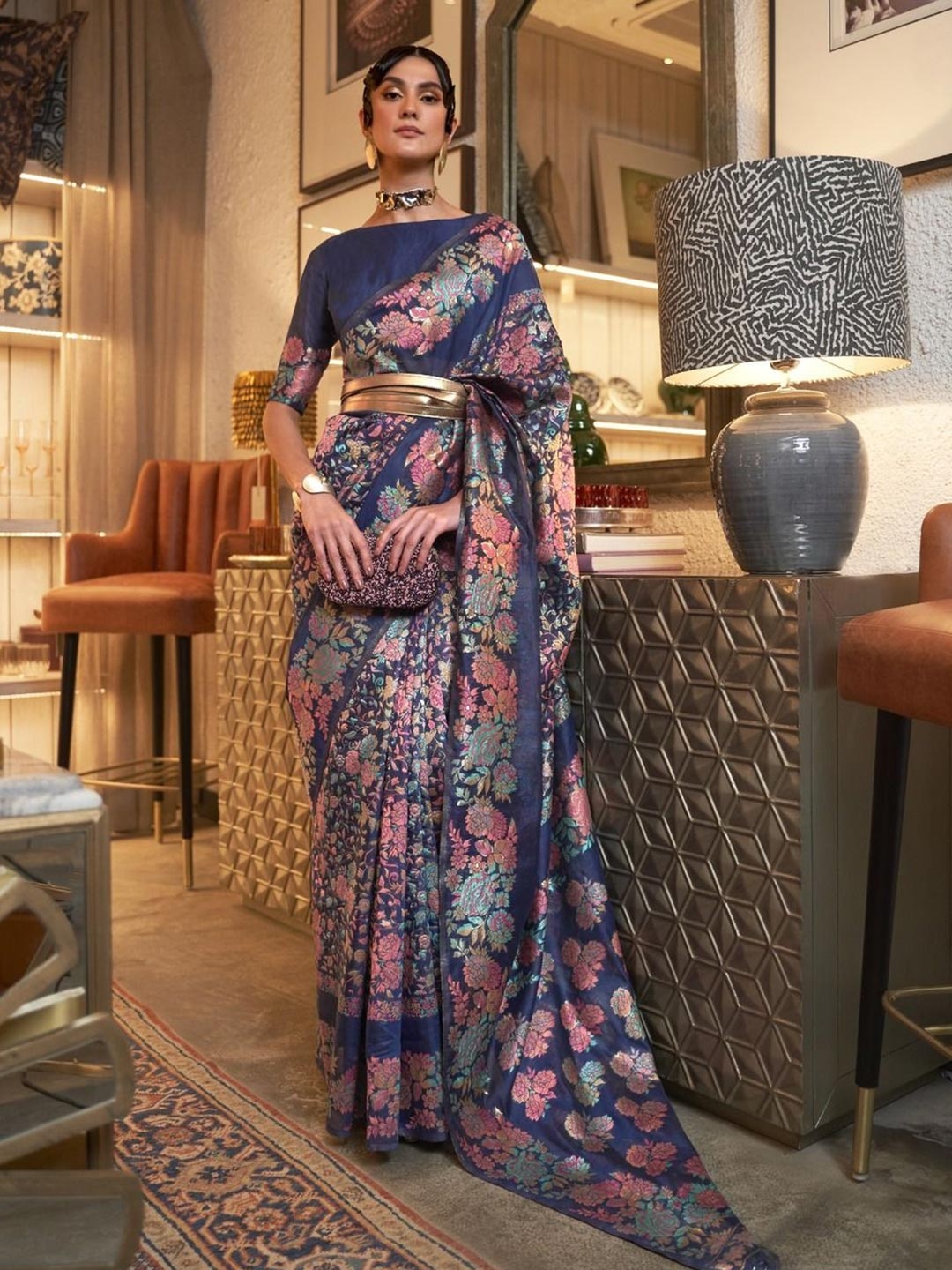 

Anouk Floral Woven Design Belted Saree With Unstitched Blouse Piece, Blue