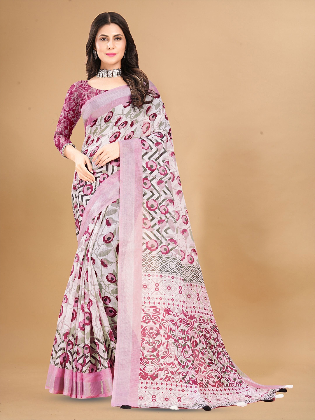 

Anouk Floral Linen Blend Saree, Pink