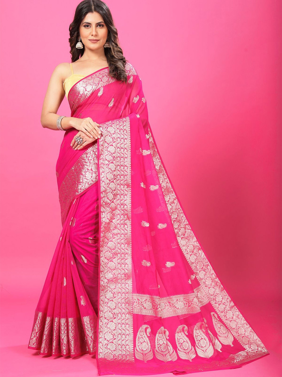 

CRAFTYSTYLES Woven Design Zari Pure Chiffon Banarasi Saree, Pink