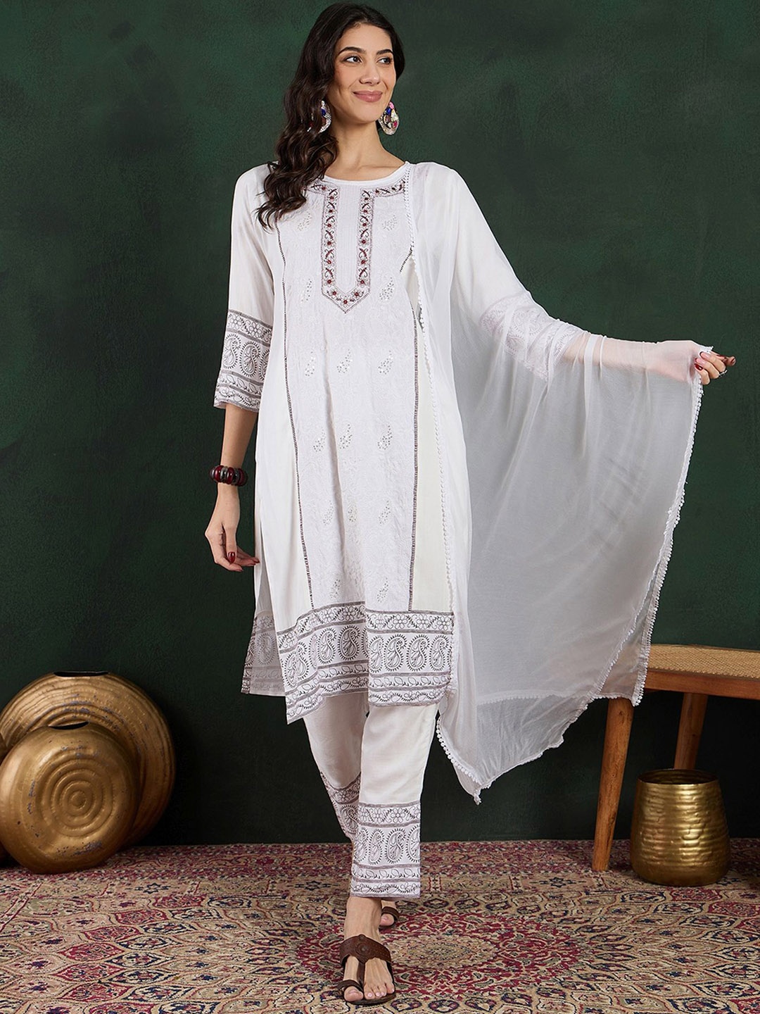 

Sangria Floral Embroidered Round Neck Straight Kurta With Trousers & Dupatta, White