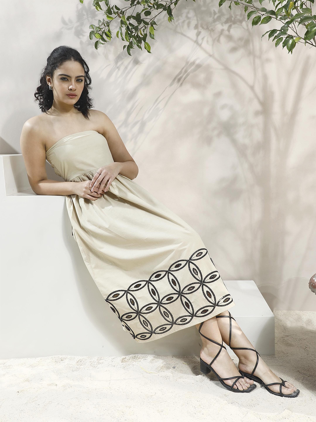 

Boho By Athena Bohemian Embroidered Off-Shoulder Fit & Flare Midi Dress, Beige