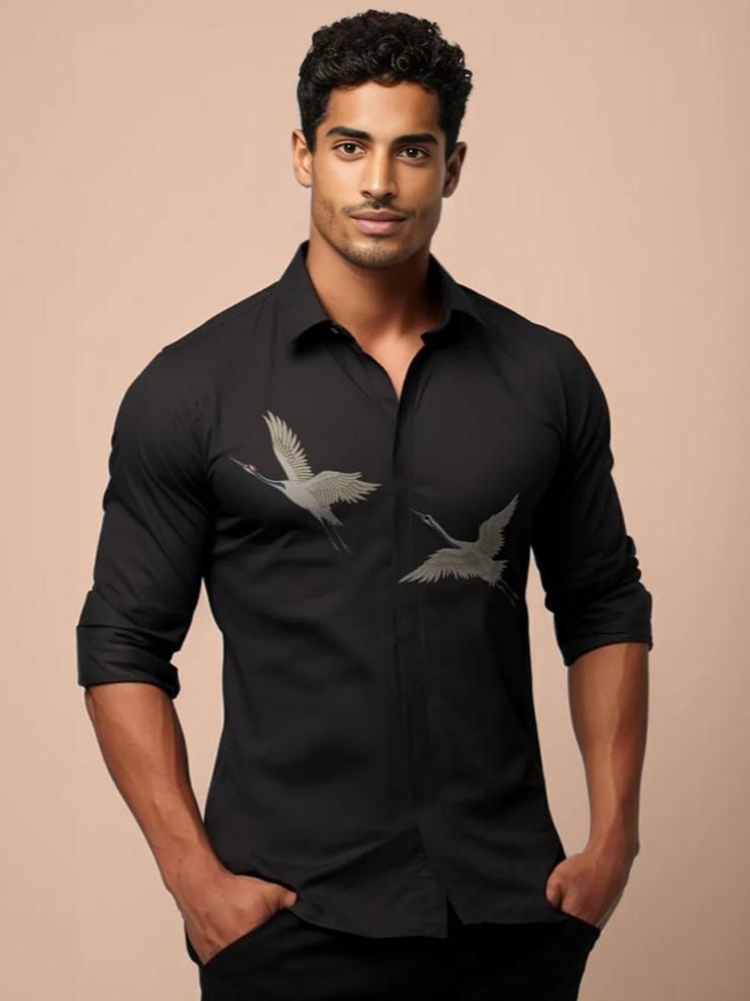

HE SPOKE Men Smart Tailored Fit Opaque Printed Casual Shirt, Black