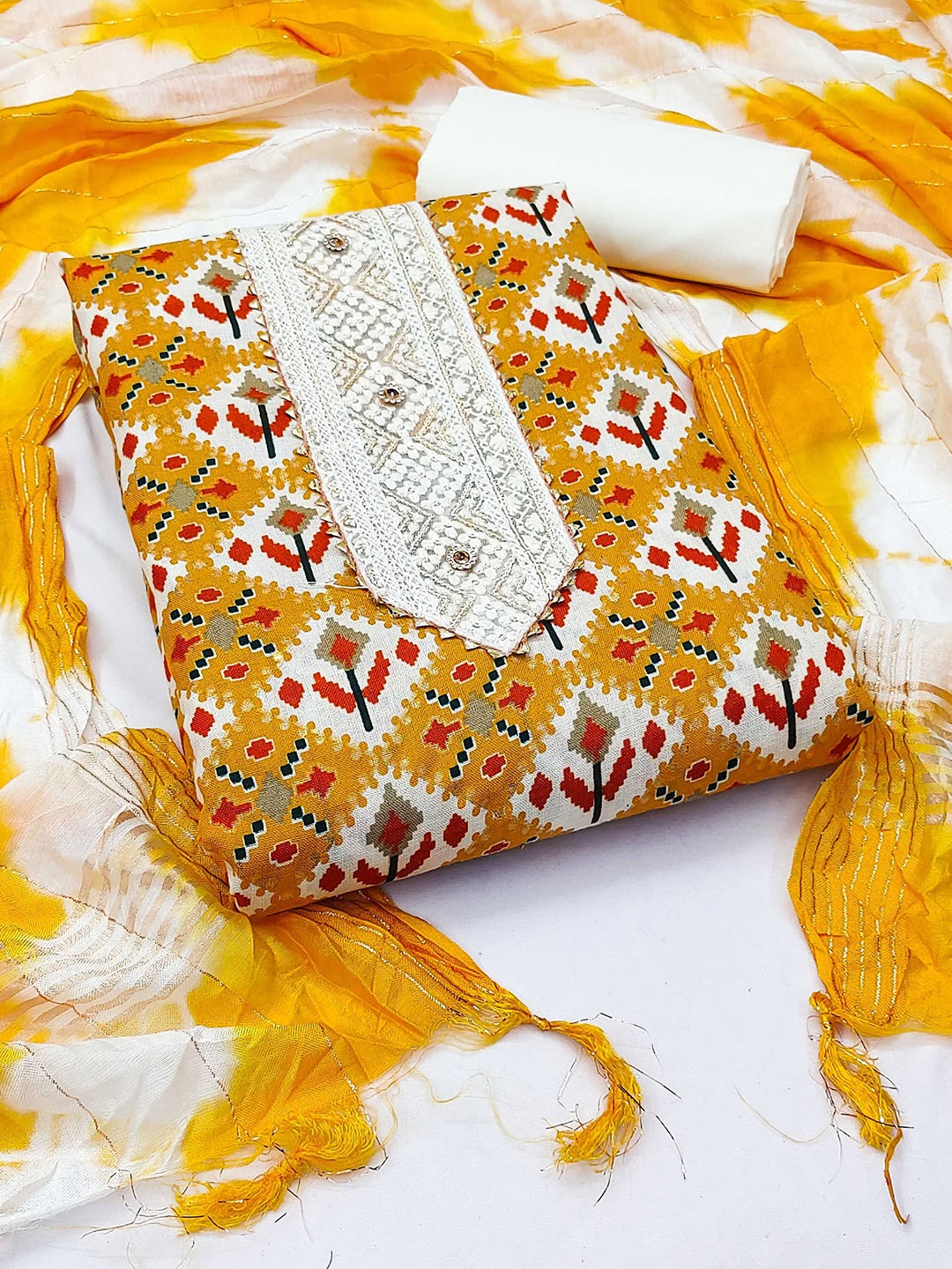 

SAINOOR Ethnic Motifs Printed Pure Cotton Unstitched Dress Material, Yellow