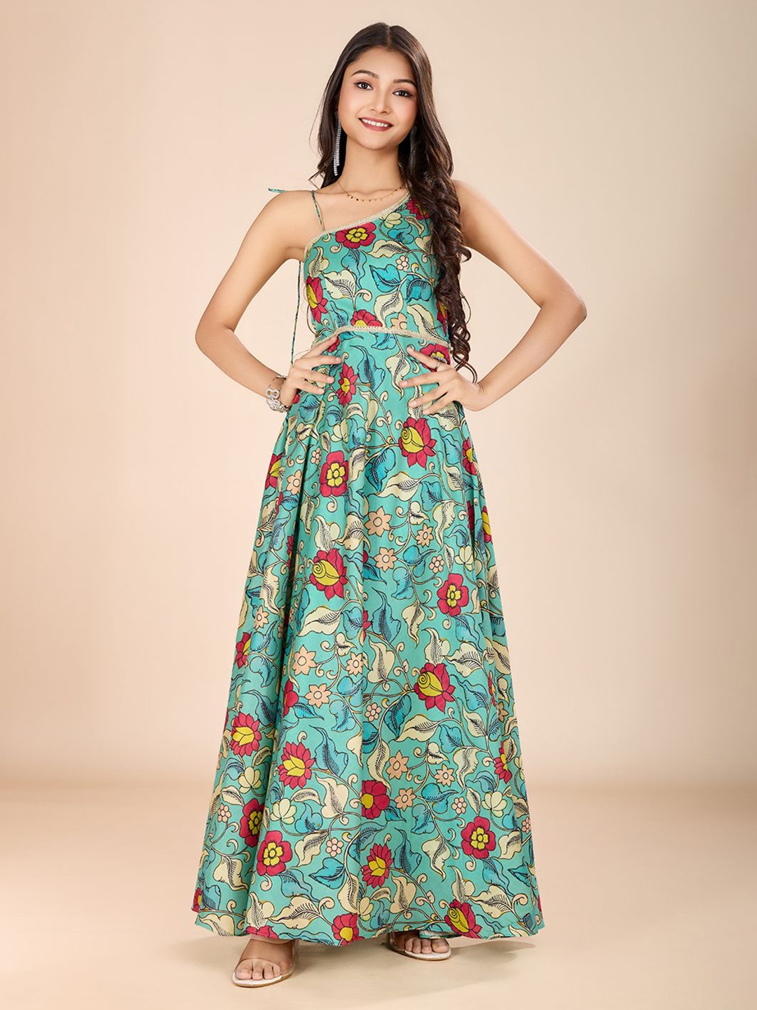 

Tasarika Girls Printed One Shoulder Neck Fit & Flare Ethnic Dress, Blue