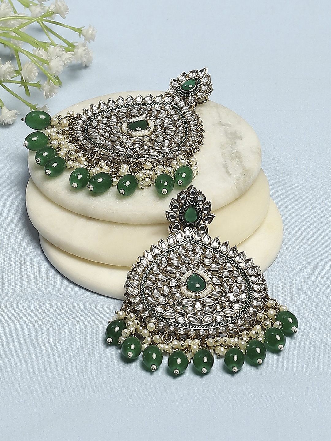 

Biba Gold-Plated Artificial Stones Studded & Beaded Contemporary Shaped Drop Earrings, Green