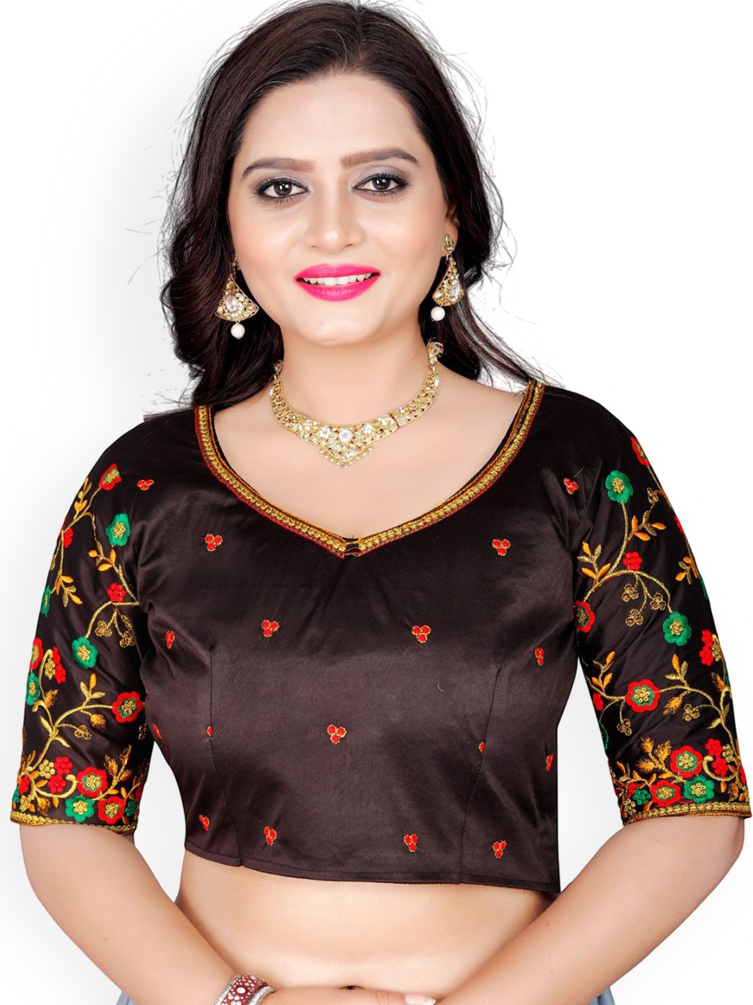 

SILKWEAR Embroidered Satin Silk V Neck Saree Blouse, Black