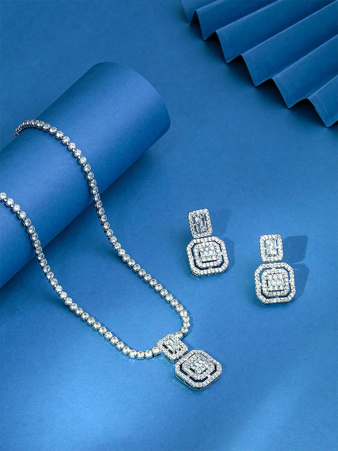 

Yellow Chimes Rhodium-Plated Cubic Zircon-Studded Jewellery Set, Silver