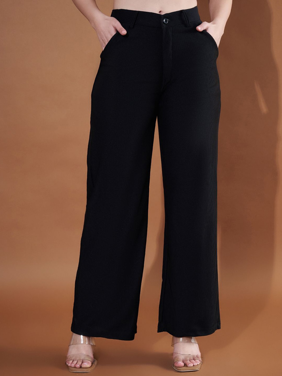 

Purple Feather Women Smart Straight Fit High-Rise Trousers, Black