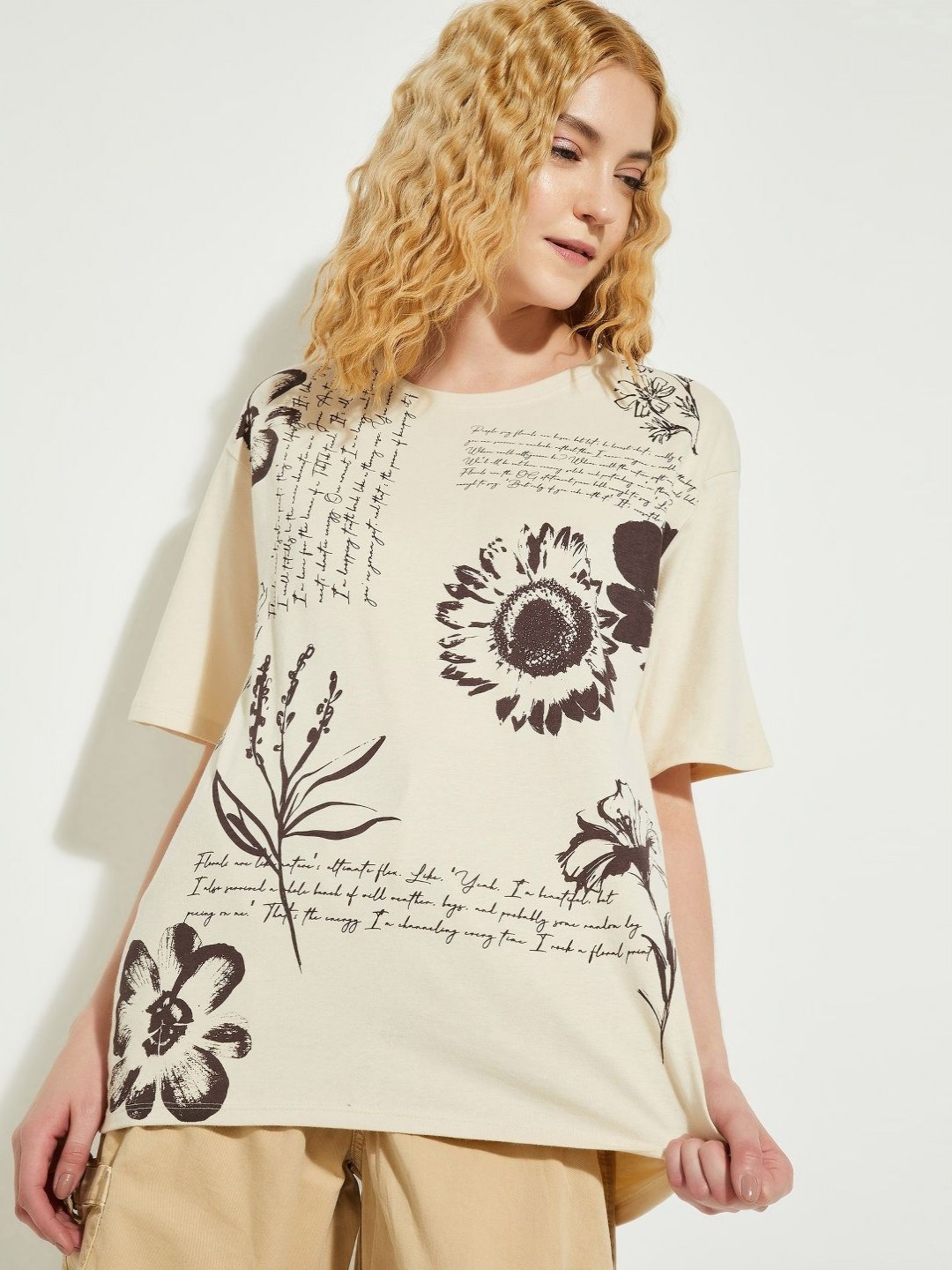 

max Women Floral Printed Round Neck Cotton Relaxed Fit T-shirt, Beige