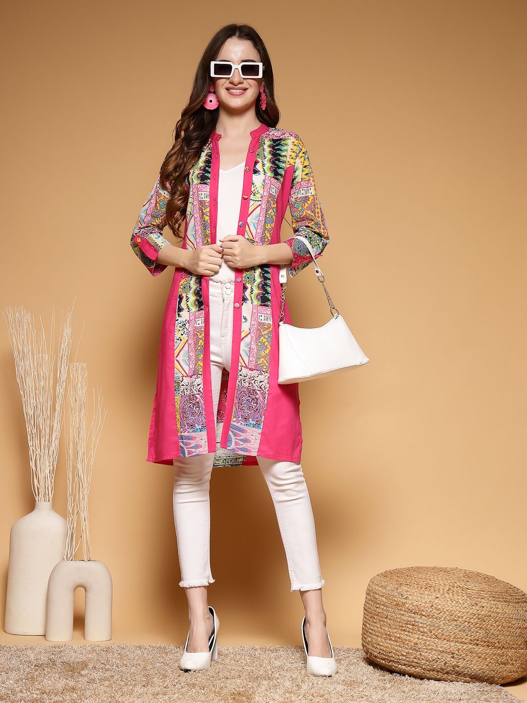 

SUBAGI FASHION Floral Printed Mandarin Collar Cotton Longline Shrug, Pink