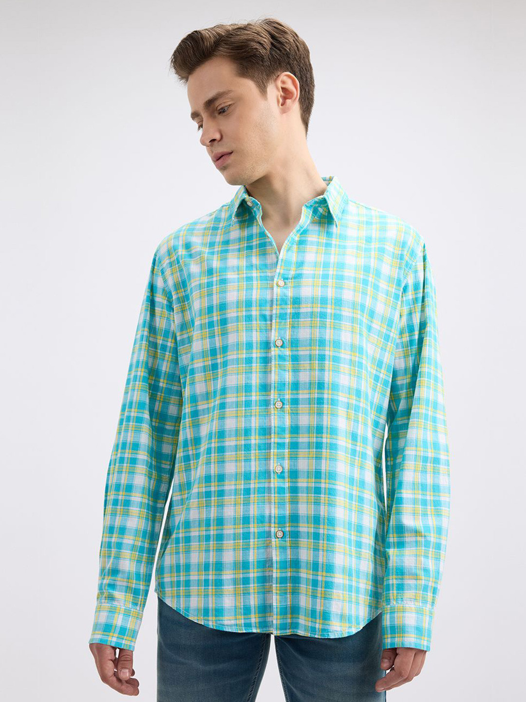 

Pepe Jeans Men Tartan Checks Opaque Checked Casual Shirt, Blue