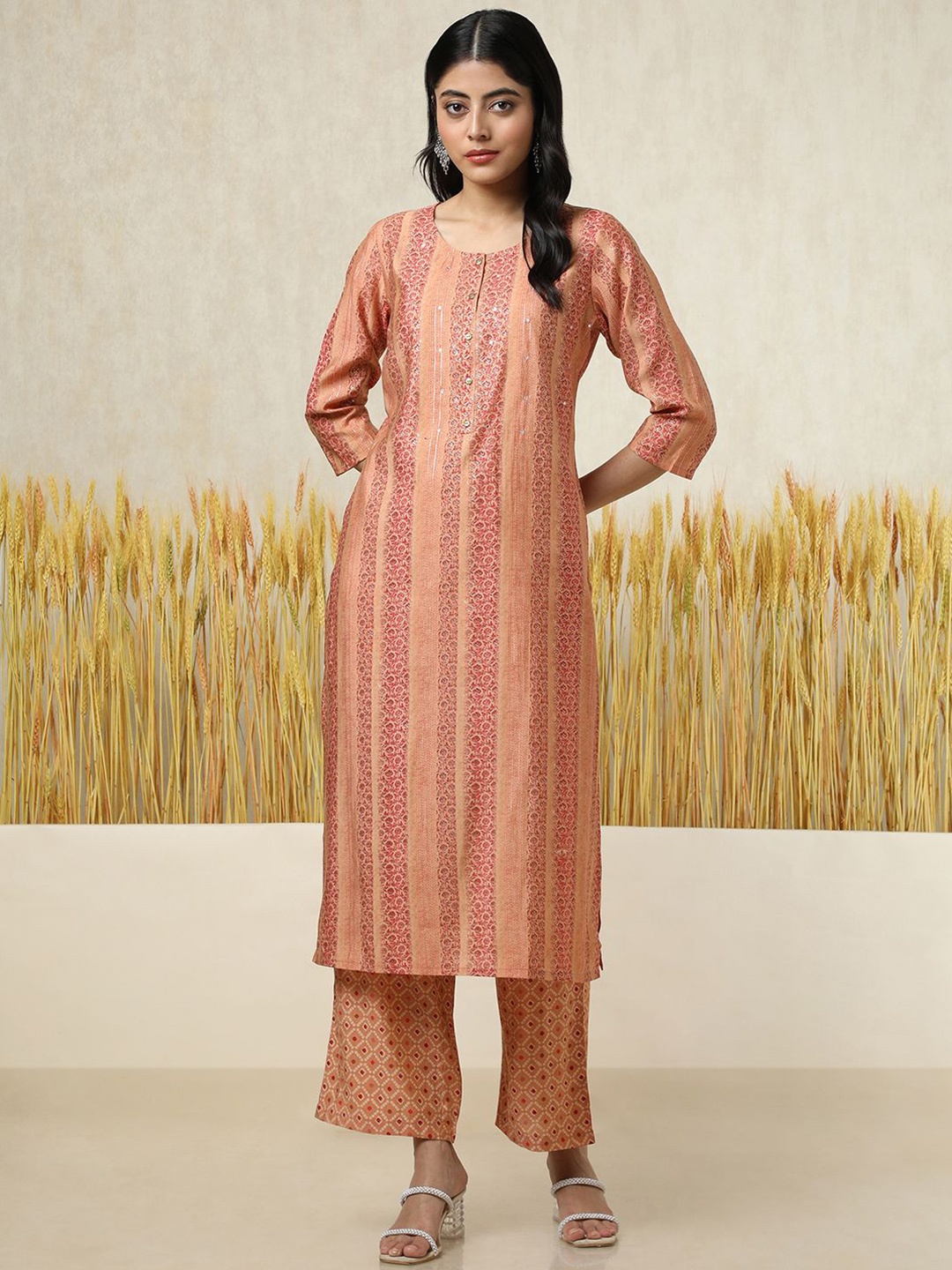 

Soch Floral Printed Round Neck Mirror Work Straight Kurta With Trousers, Peach