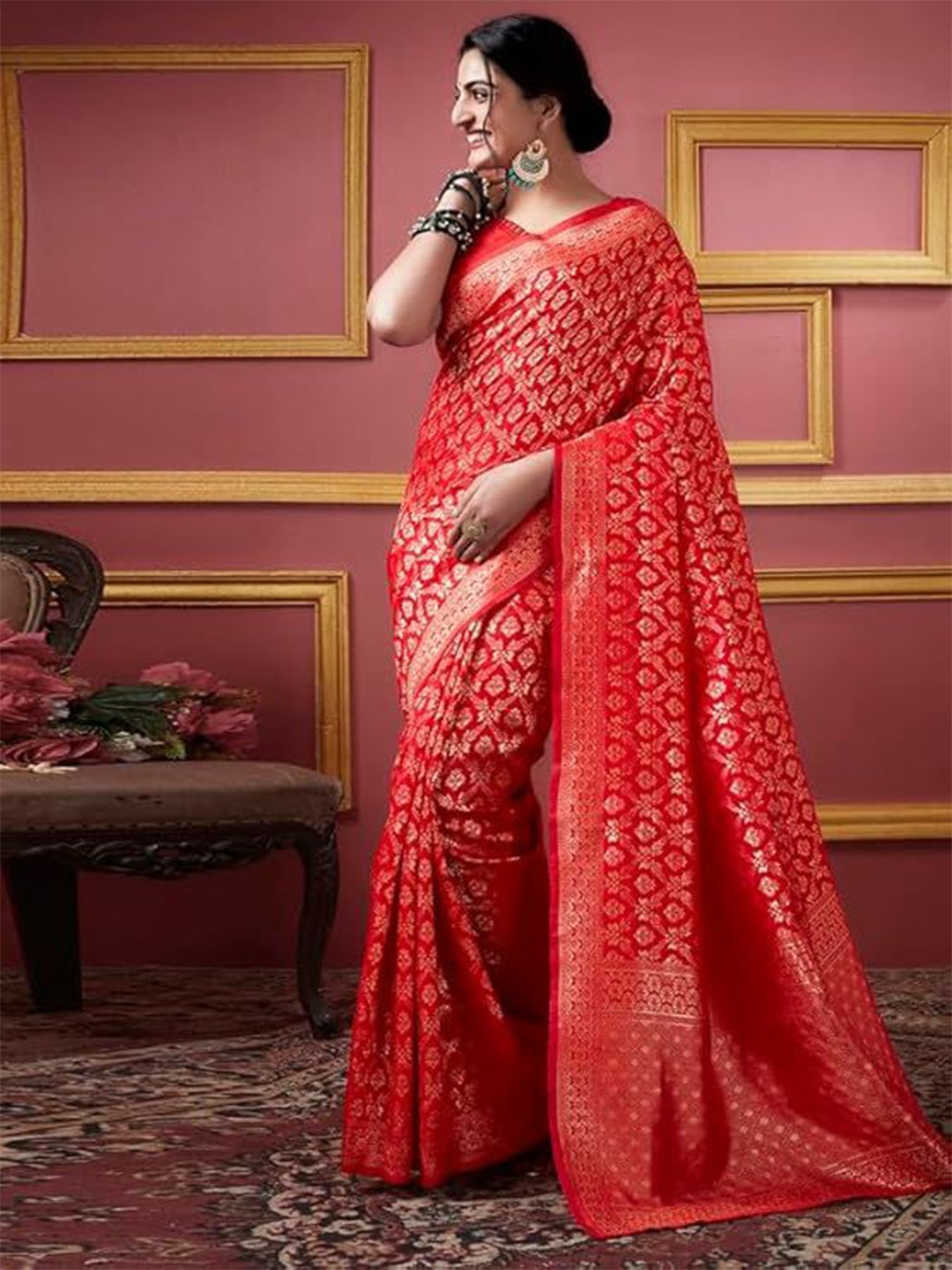 

KALINI Woven Design Zari Pure Silk Kanjeevaram Saree, Red