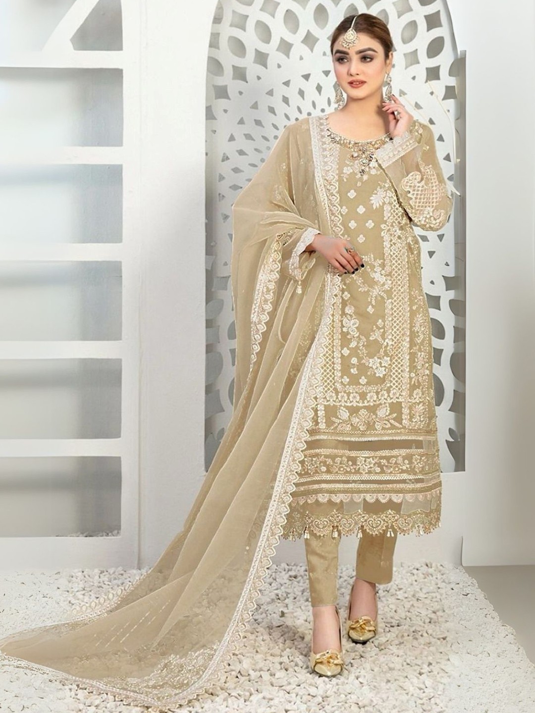 

ODETTE Floral Embroidered Beads and Stones Organza Straight Kurta with Trousers & Dupatta, Beige