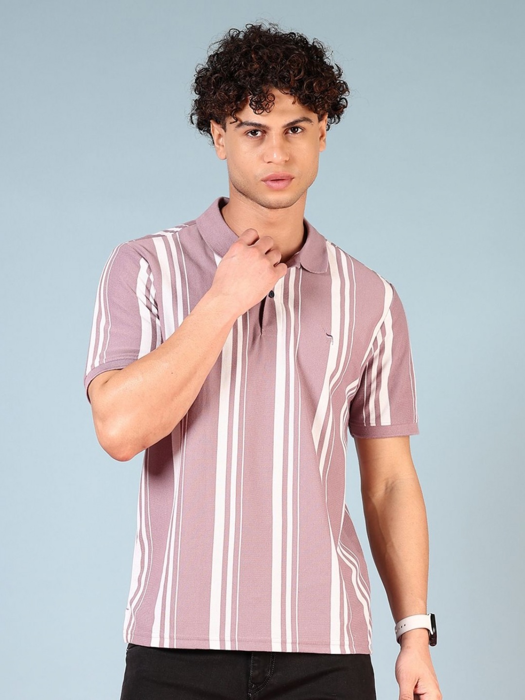 

V-Mart Men Striped Polo Collar Cotton Slim Fit T-shirt, Mauve
