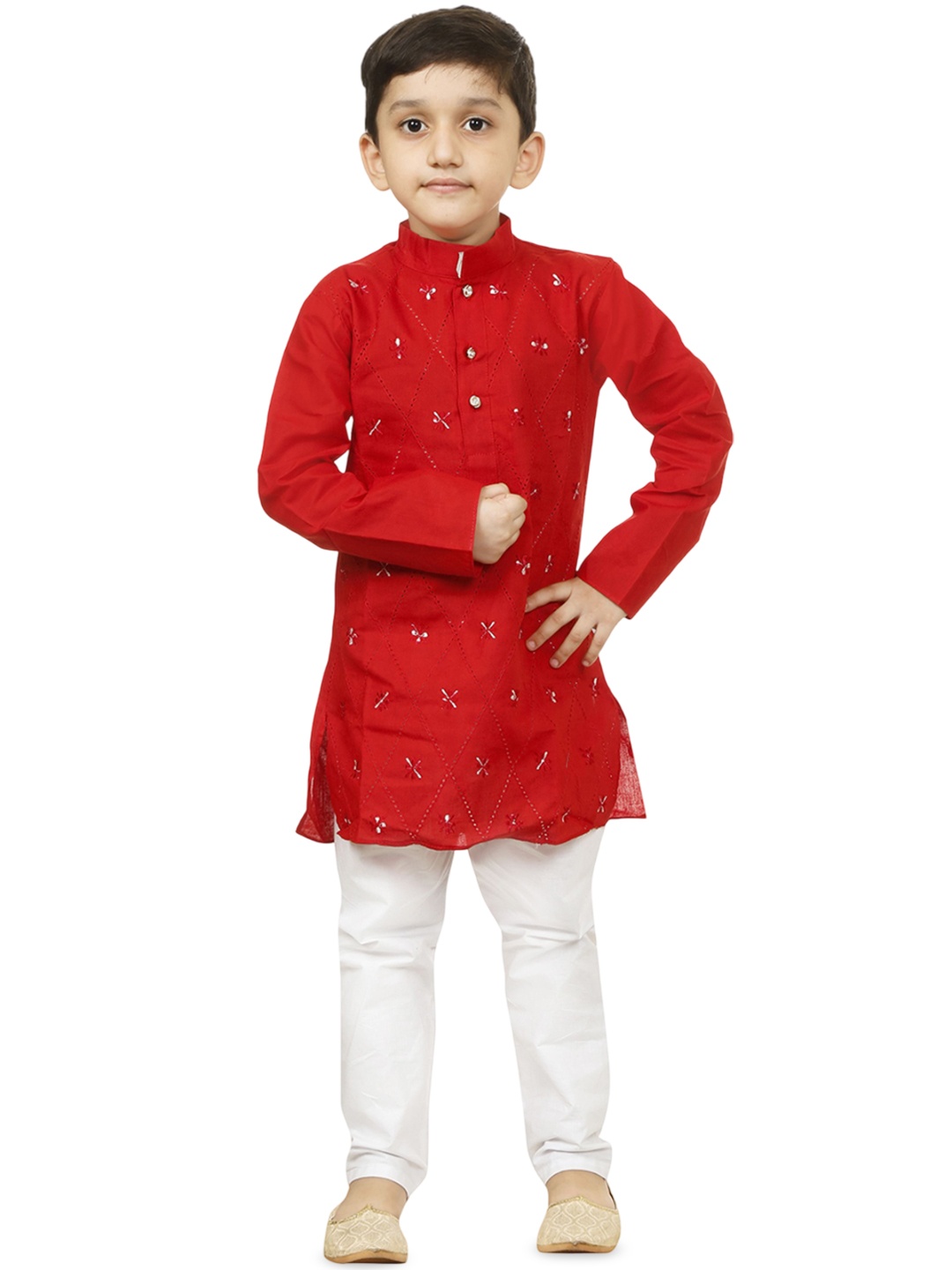 

Cae Boys Geometric Embroidered Mandarin Collar Kurta With Pyjamas, Red