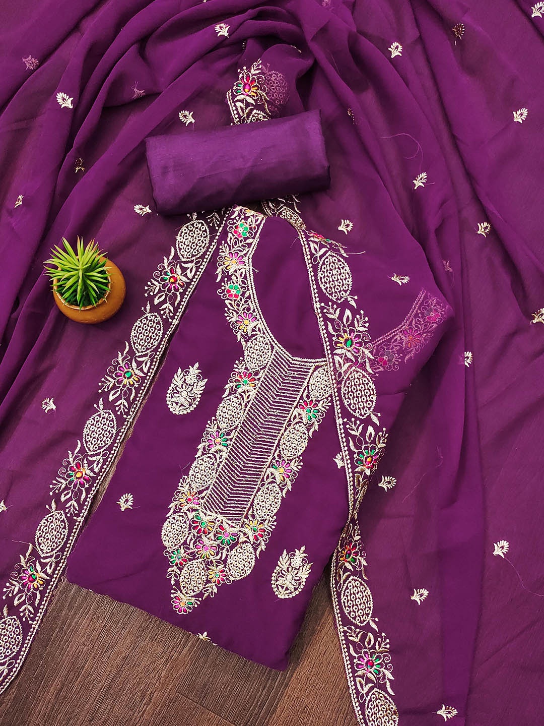 

SAINOOR Etrhnic Motifs Embroidered Silk Georgette Unstitched Dress Material, Purple