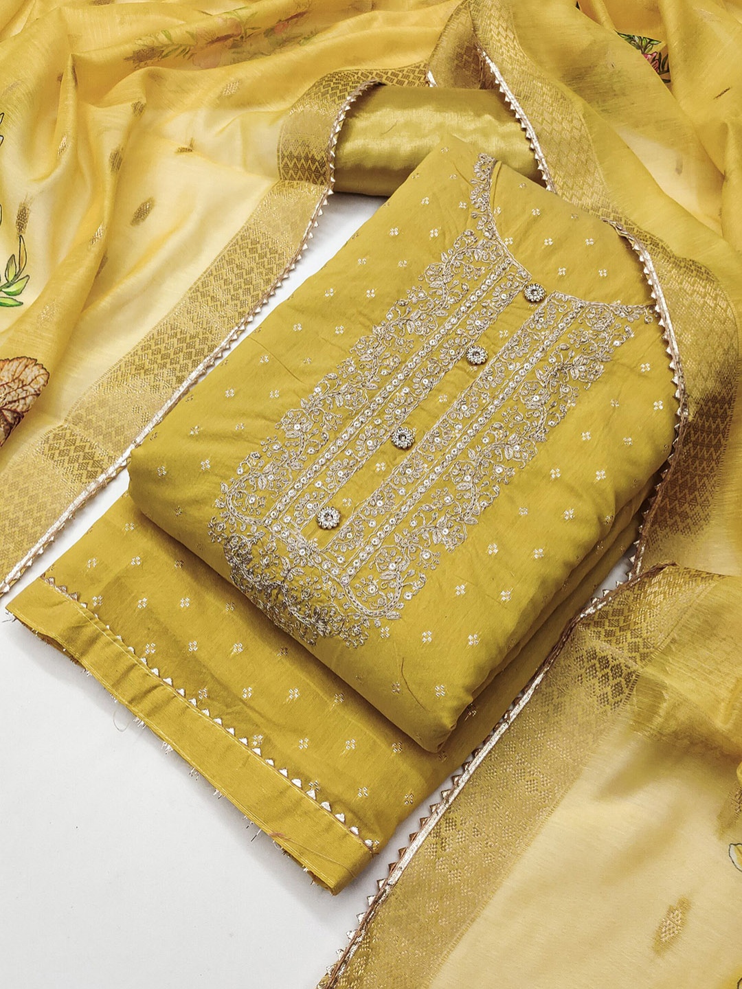 

Riti Floral Embroidered Sequinned Chanderi Silk Unstitched Dress Material, Yellow