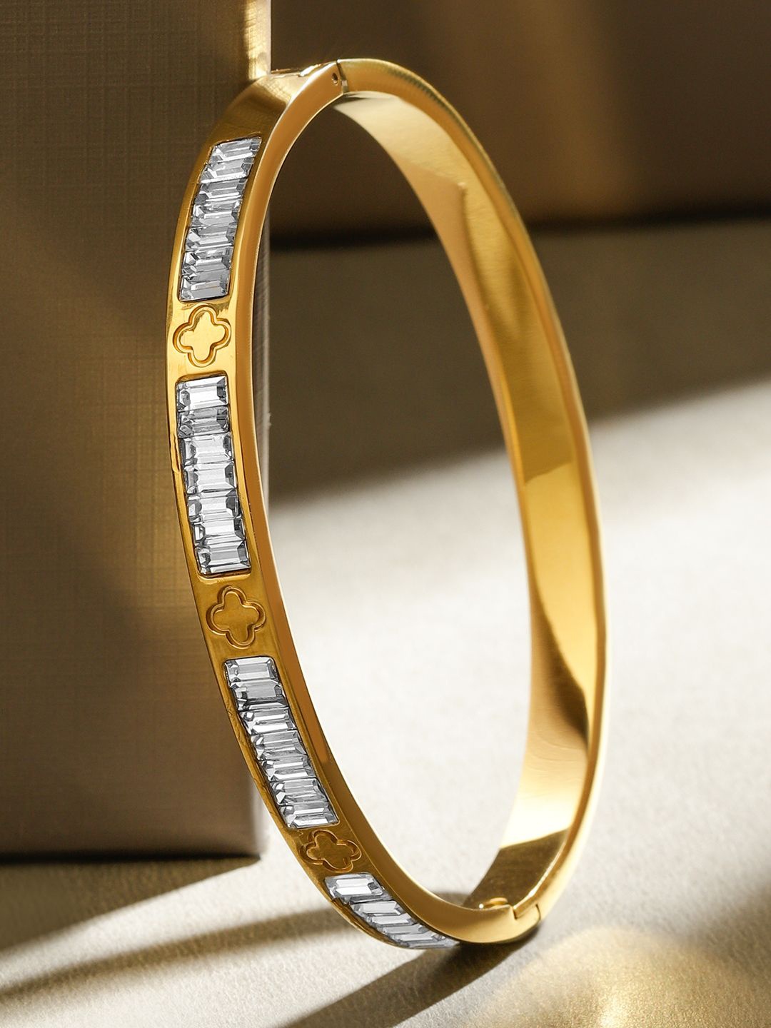 

Rubans Women Brass Cubic Zirconia Handcrafted Gold-Plated Bangle-Style Bracelet
