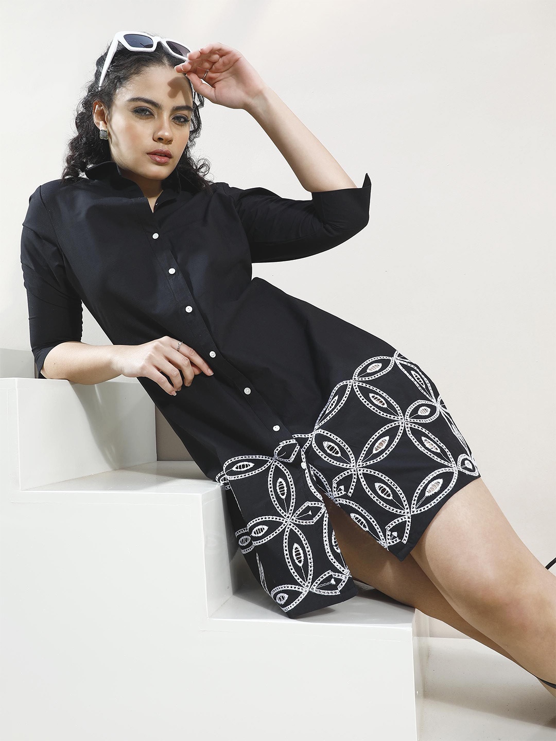 

Boho By Athena Women Cotton Bohemian Embroidered Shirt Dress, Black