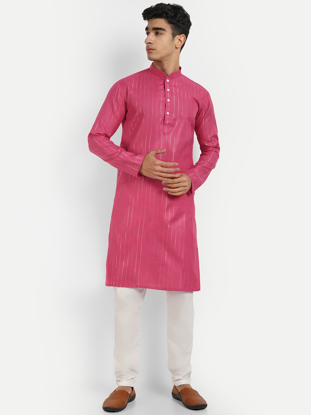 

WELL TEX Striped Embroidered Mandarin Collar Straight Kurta, Pink
