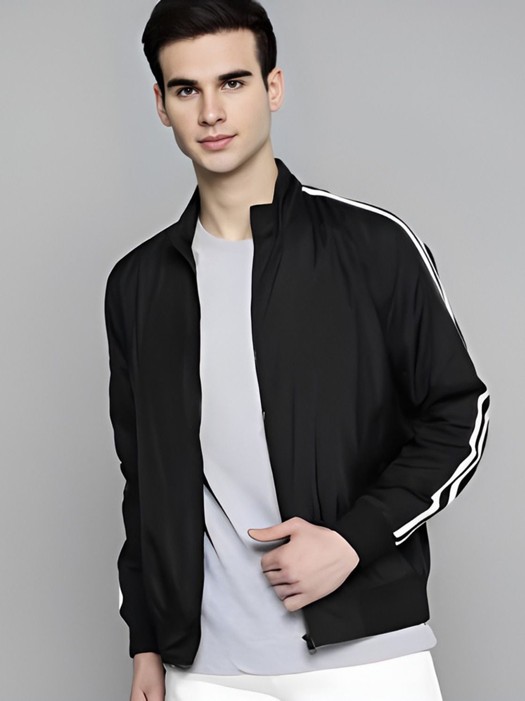 

MAYKR Men Striped Polyester Lightweight Sporty Jacket, Black